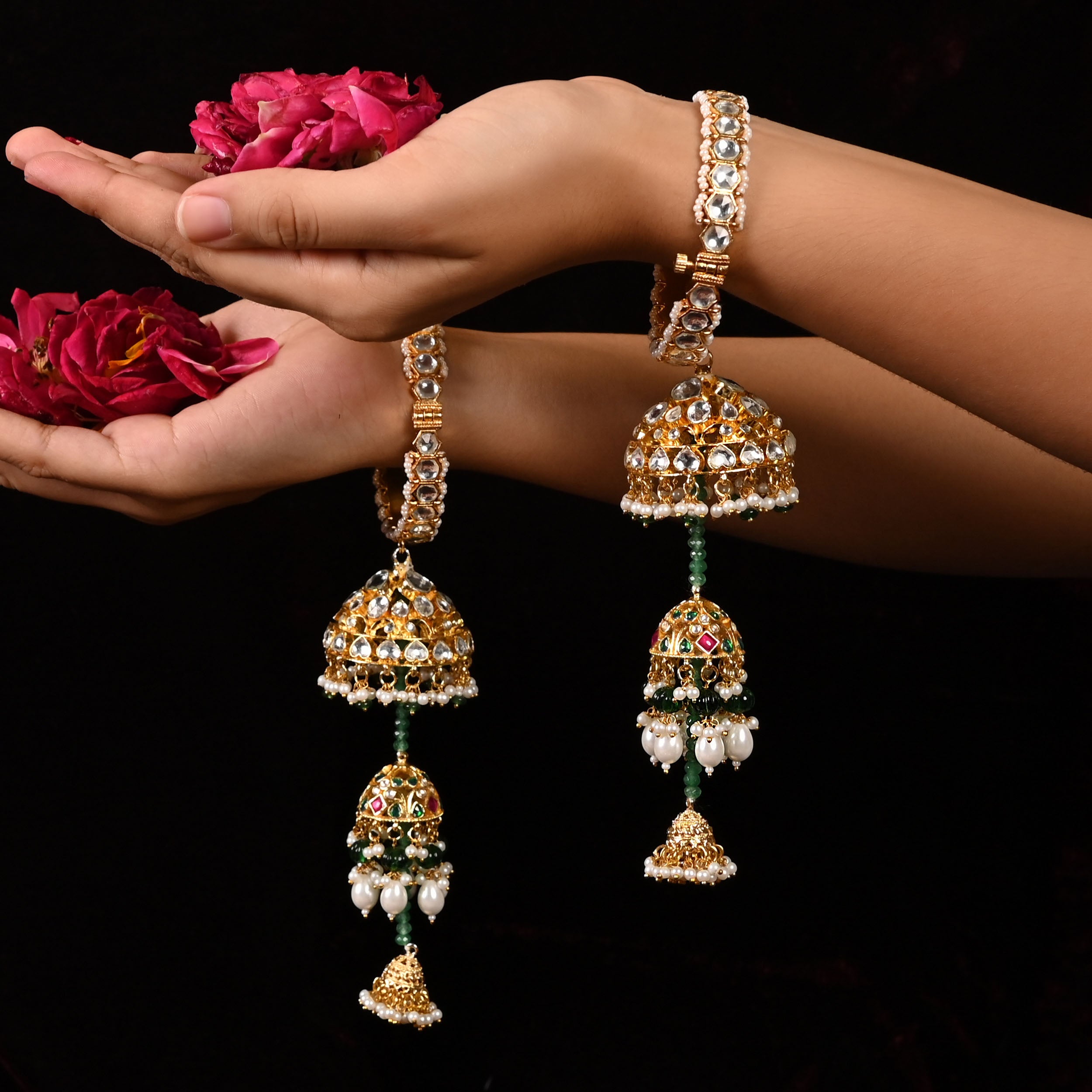 SJKR0001- Green and White Colour Gold Plated Jadau Kundan Kaleera With Bangle