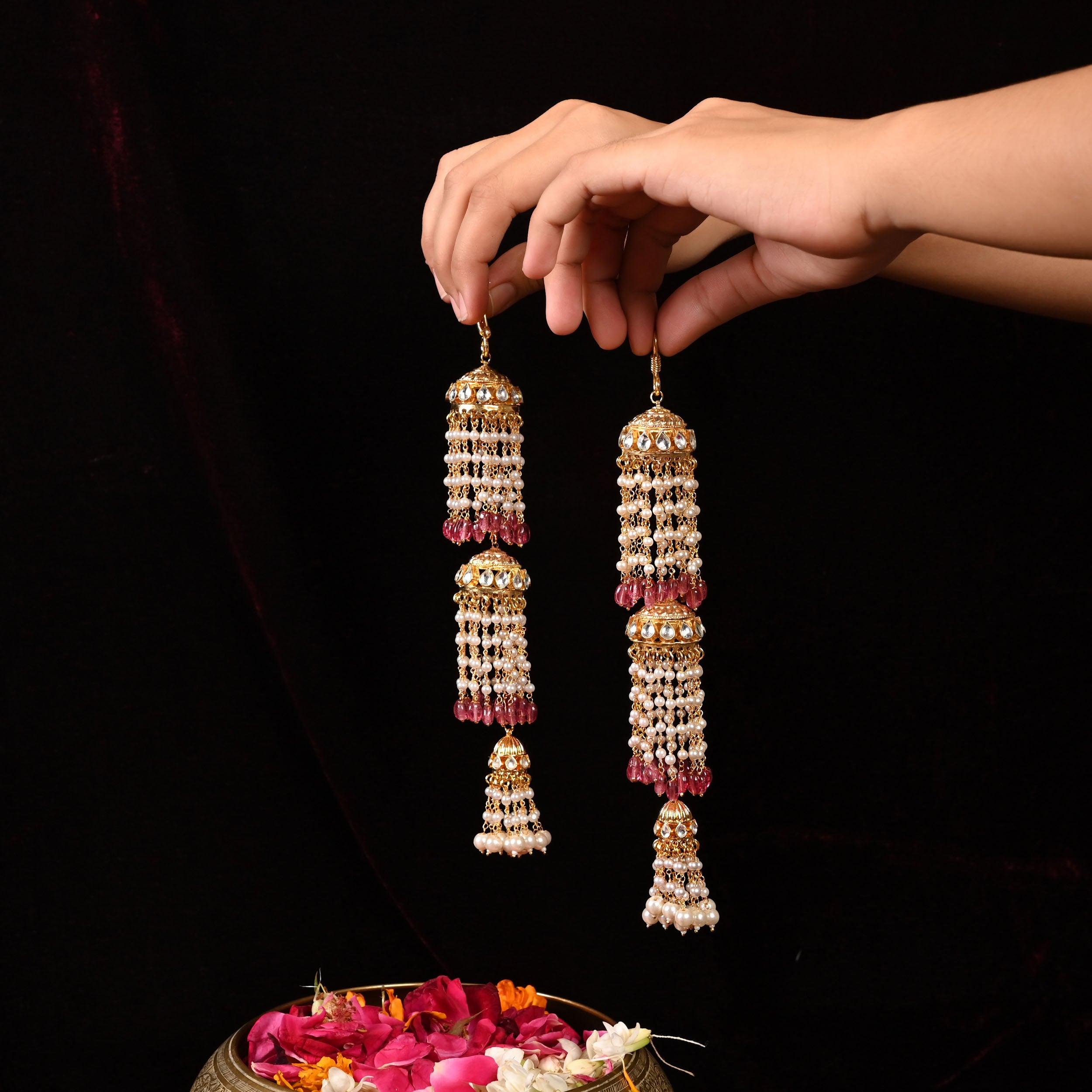 SJKR0002- White and Pink Colour Gold Plated Jadau Kundan Kaleera Without Bangle