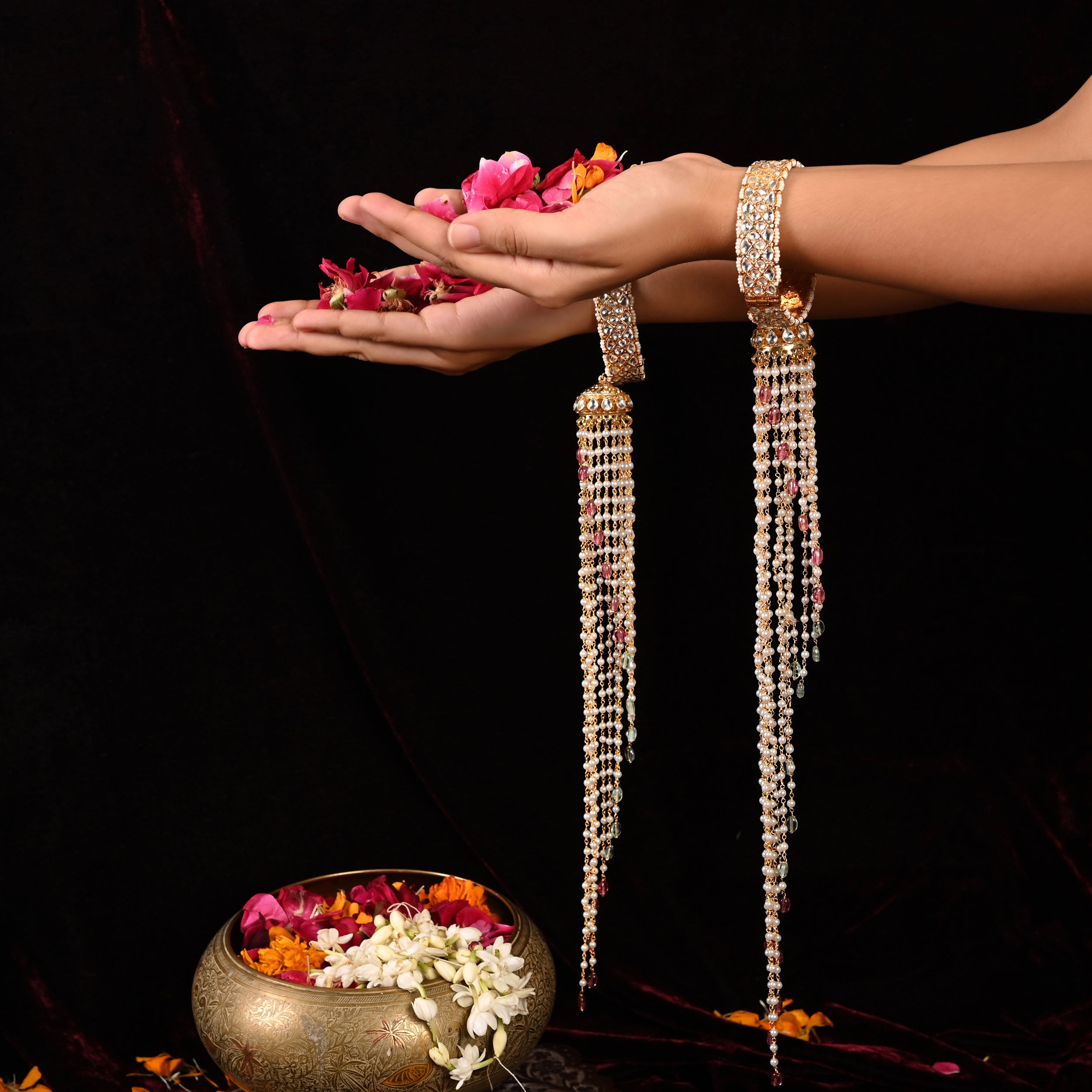 SJKR0003- White and Pink Colour Gold Plated Jadau Kundan Kaleera With Bangle