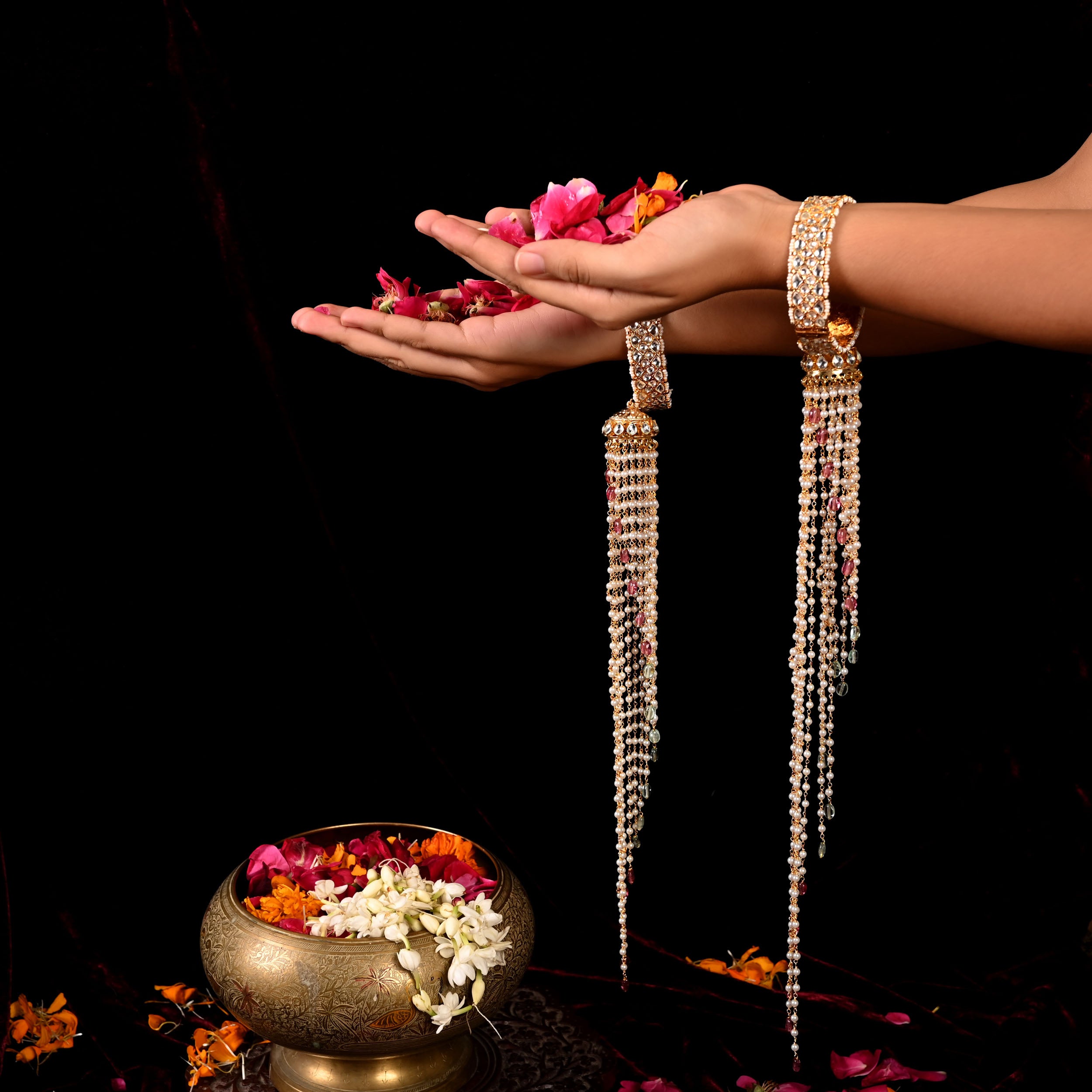 SJKR0003- White and Pink Colour Gold Plated Jadau Kundan Kaleera With Bangle