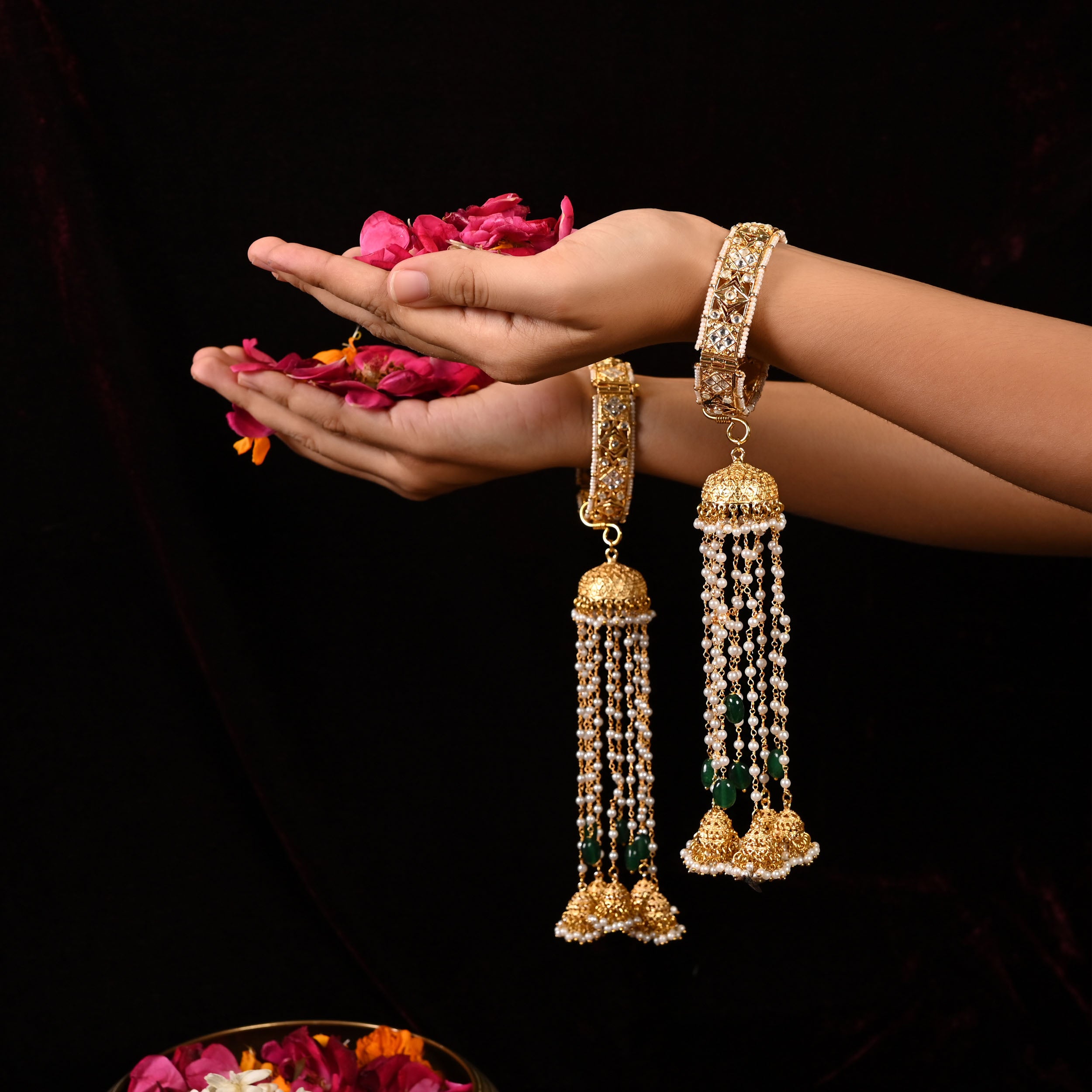 SJKR0004- White and Green Colour Gold Plated Jadau Kundan Kaleera Without Bangle