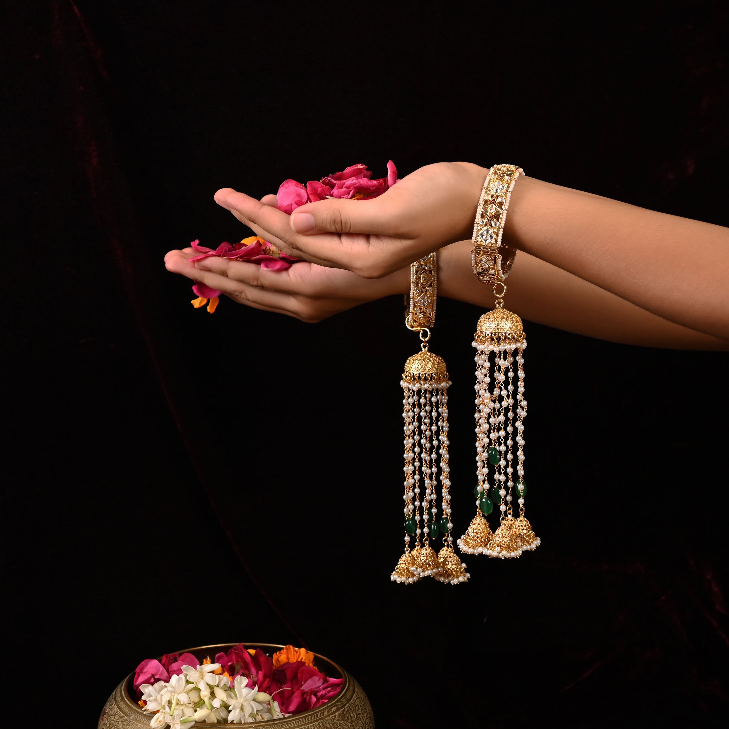 SJKR0004- White and Green Colour Gold Plated Jadau Kundan Kaleera Without Bangle
