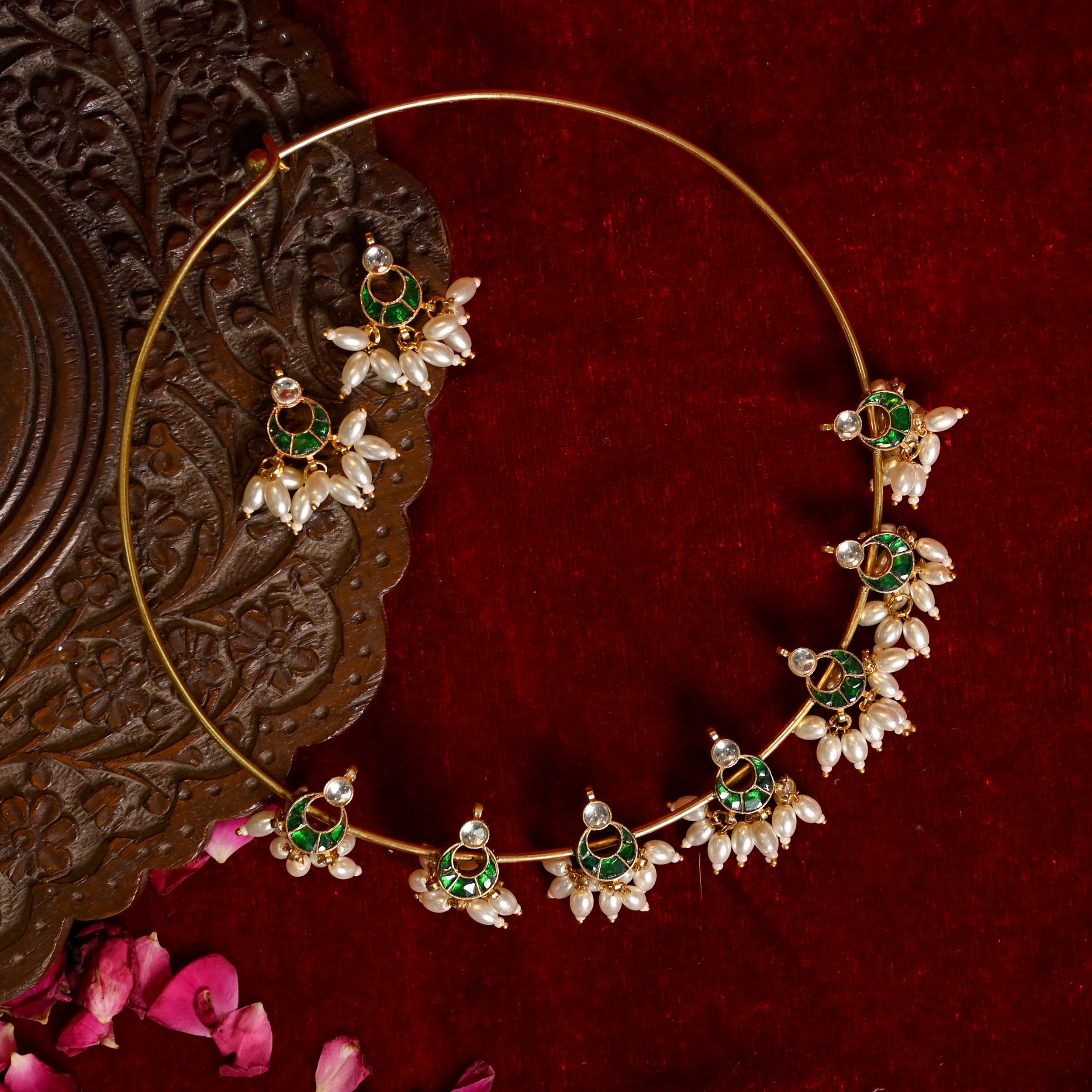 SJN0002- Green and White Colour Gold Plated Jadau Kundan Hasli