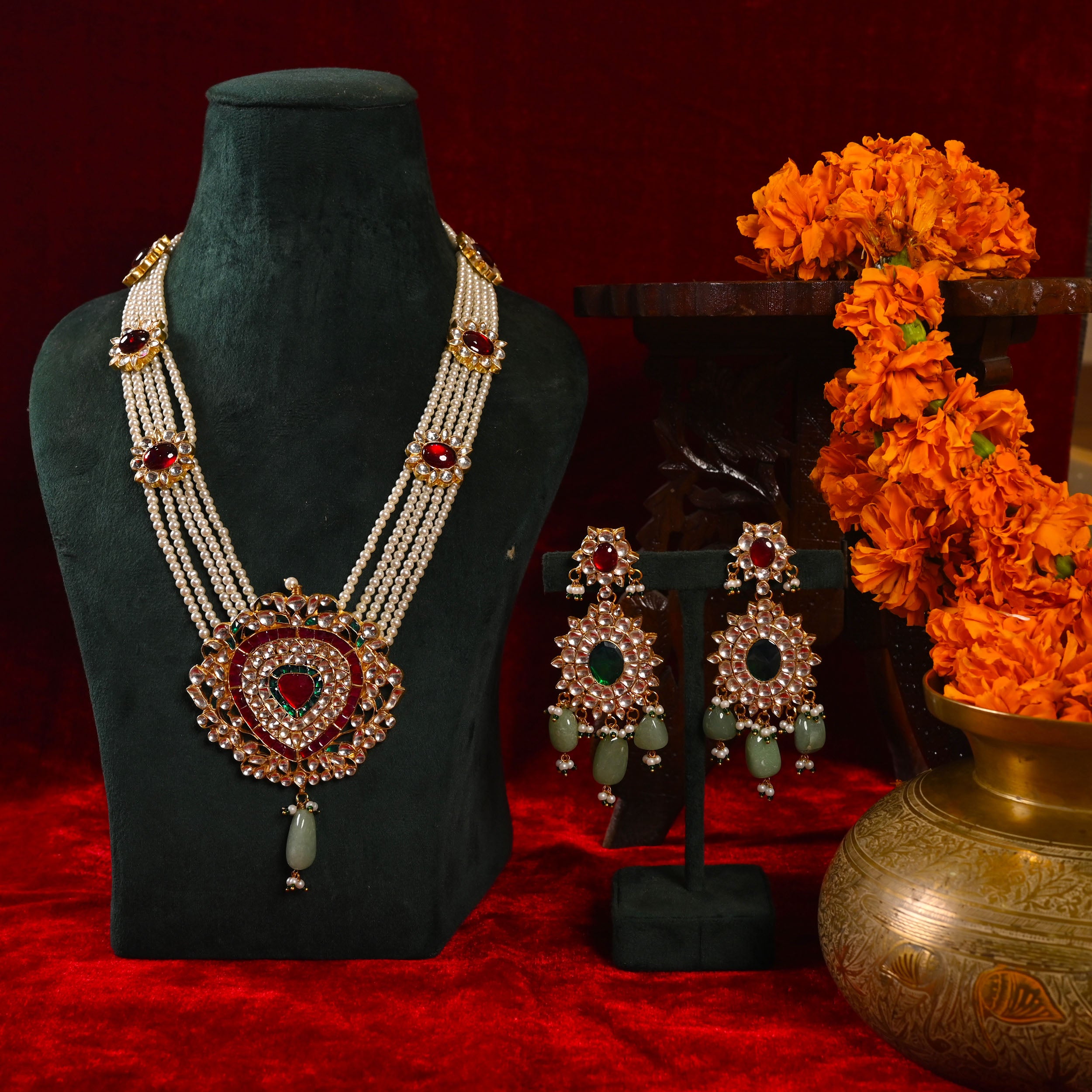 SJN0011- Multi Colour Gold Plated Jadau Kundan Long Necklace with Earrings