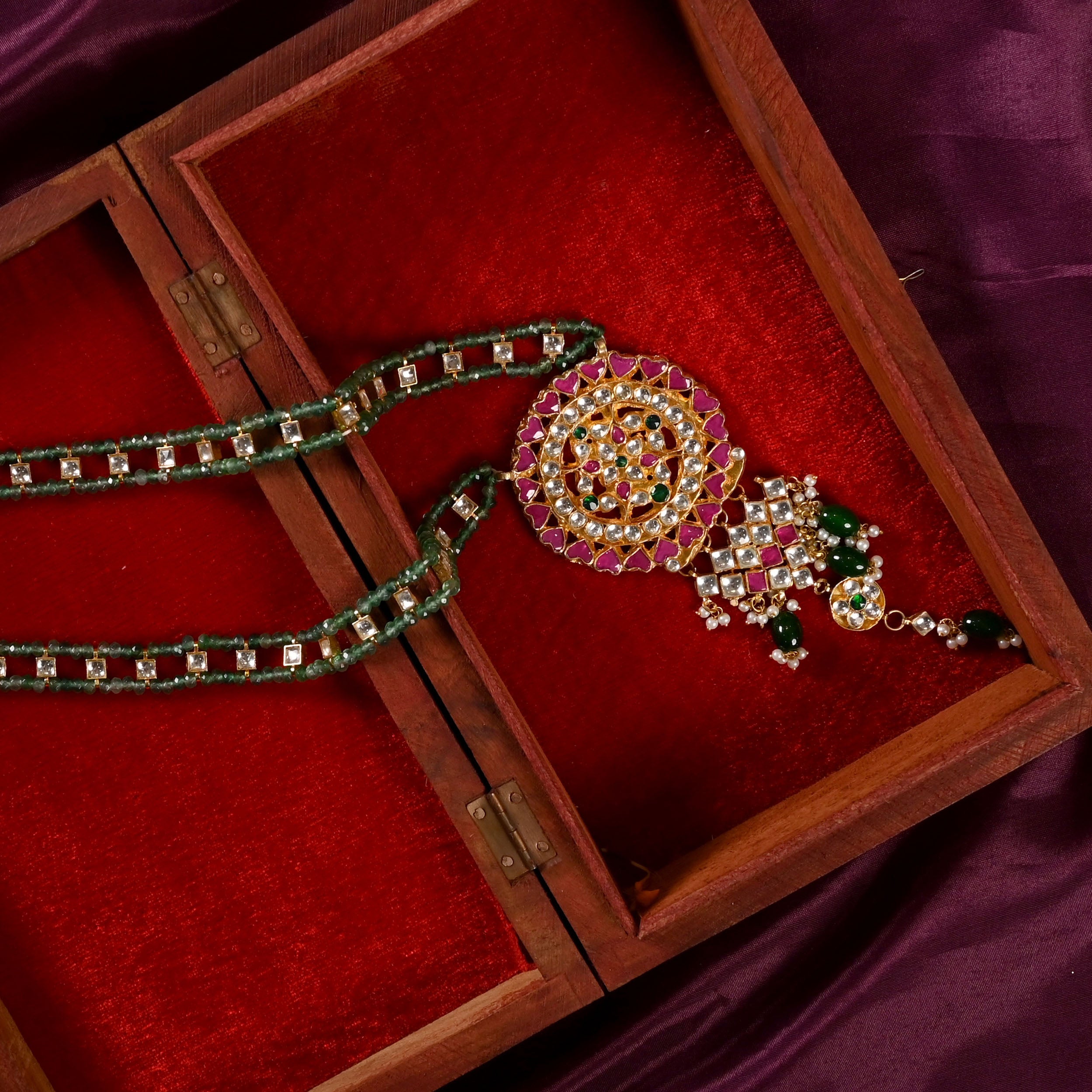 SJN0010- Multi Colour Gold Plated Jadau Kundan Long Necklace with Earrings