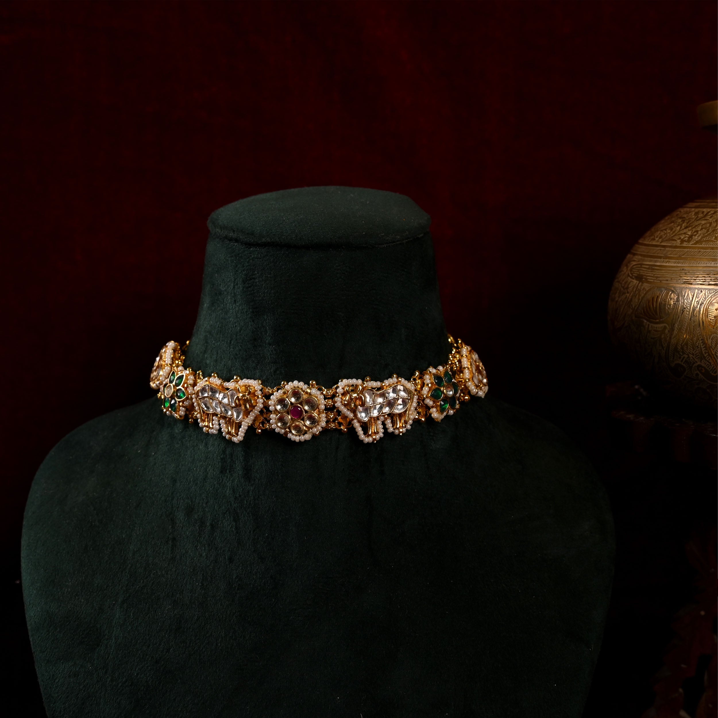 SJN1084- Multi Colour Gold Plated Jadau Kundan Fusion Choker with Earrings