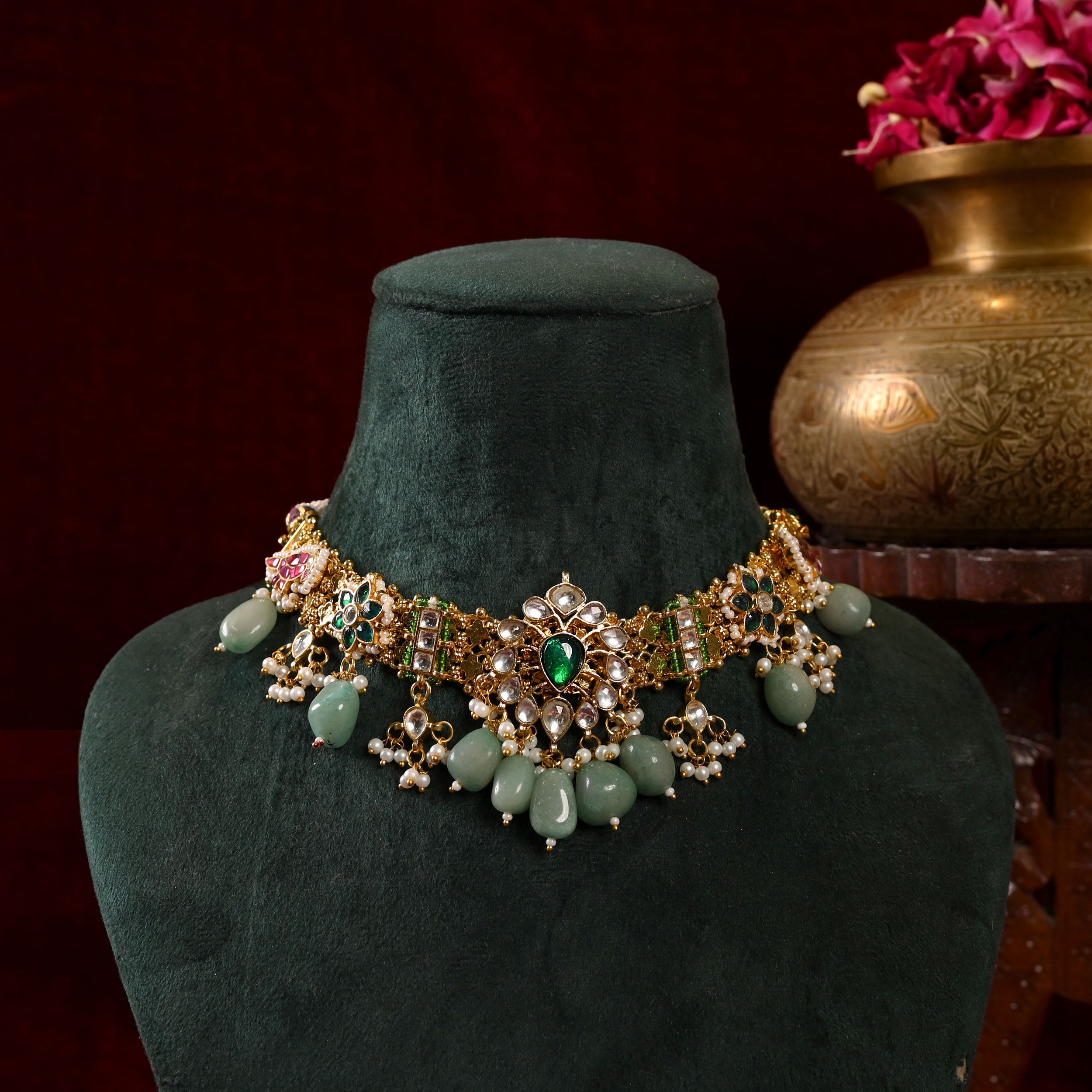 SJN1069- Multi Colour Gold Plated Jadau Kundan Fusion Choker with Earrings