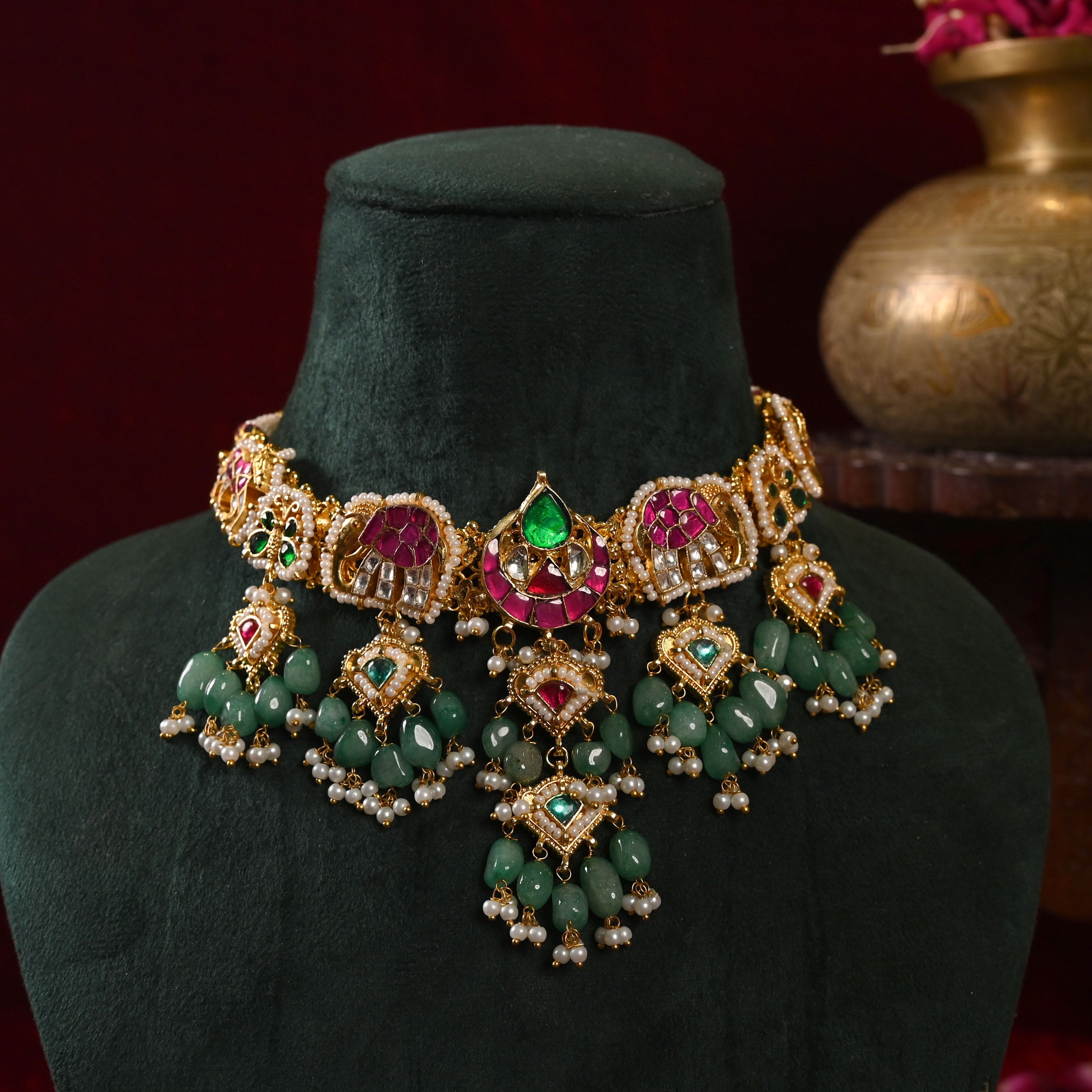 SJN1160- Multi Colour Gold Plated Jadau Kundan Fusion Choker with Earrings
