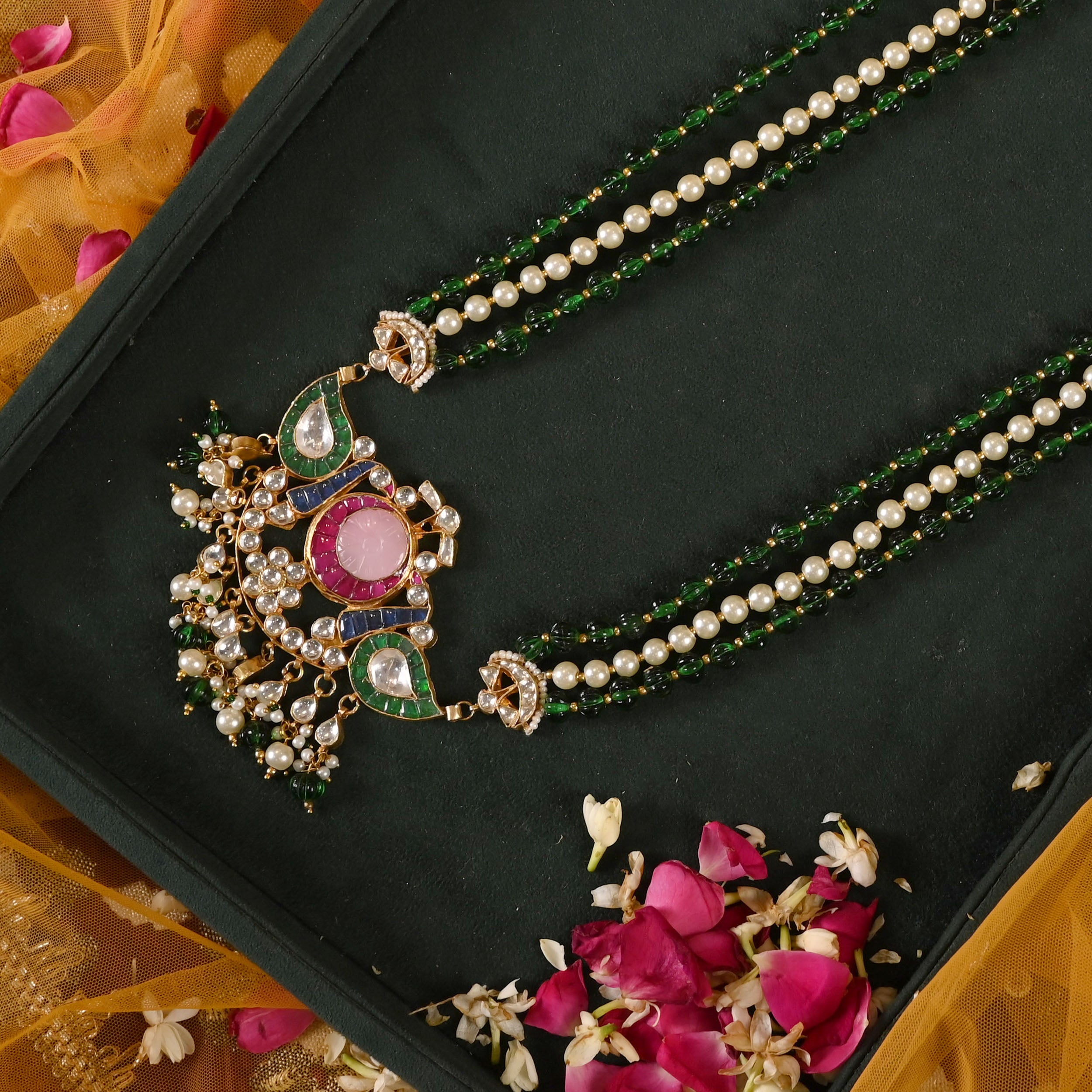 SJN0009- Multi Colour Gold Plated Jadau Kundan Long Necklace with Earrings