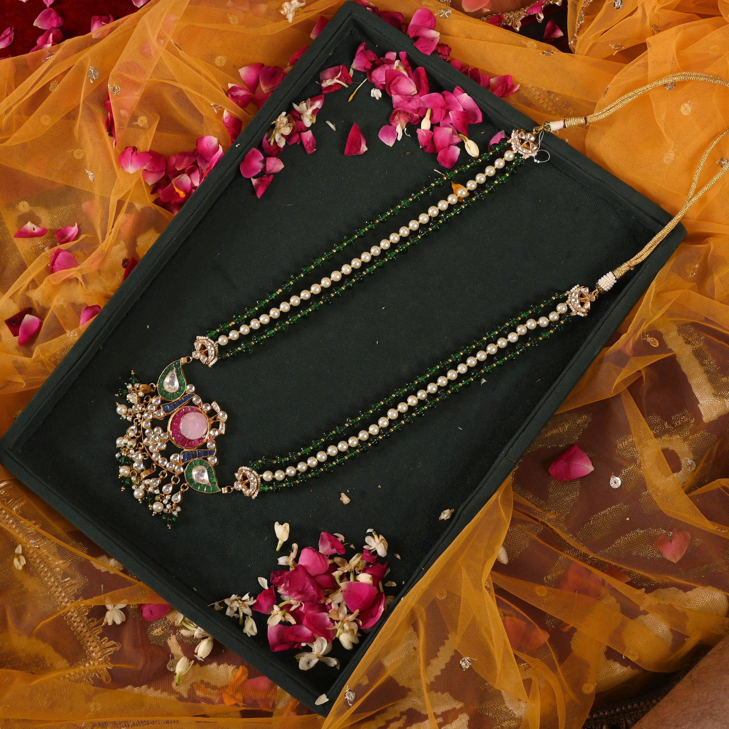 SJN0009- Multi Colour Gold Plated Jadau Kundan Long Necklace with Earrings