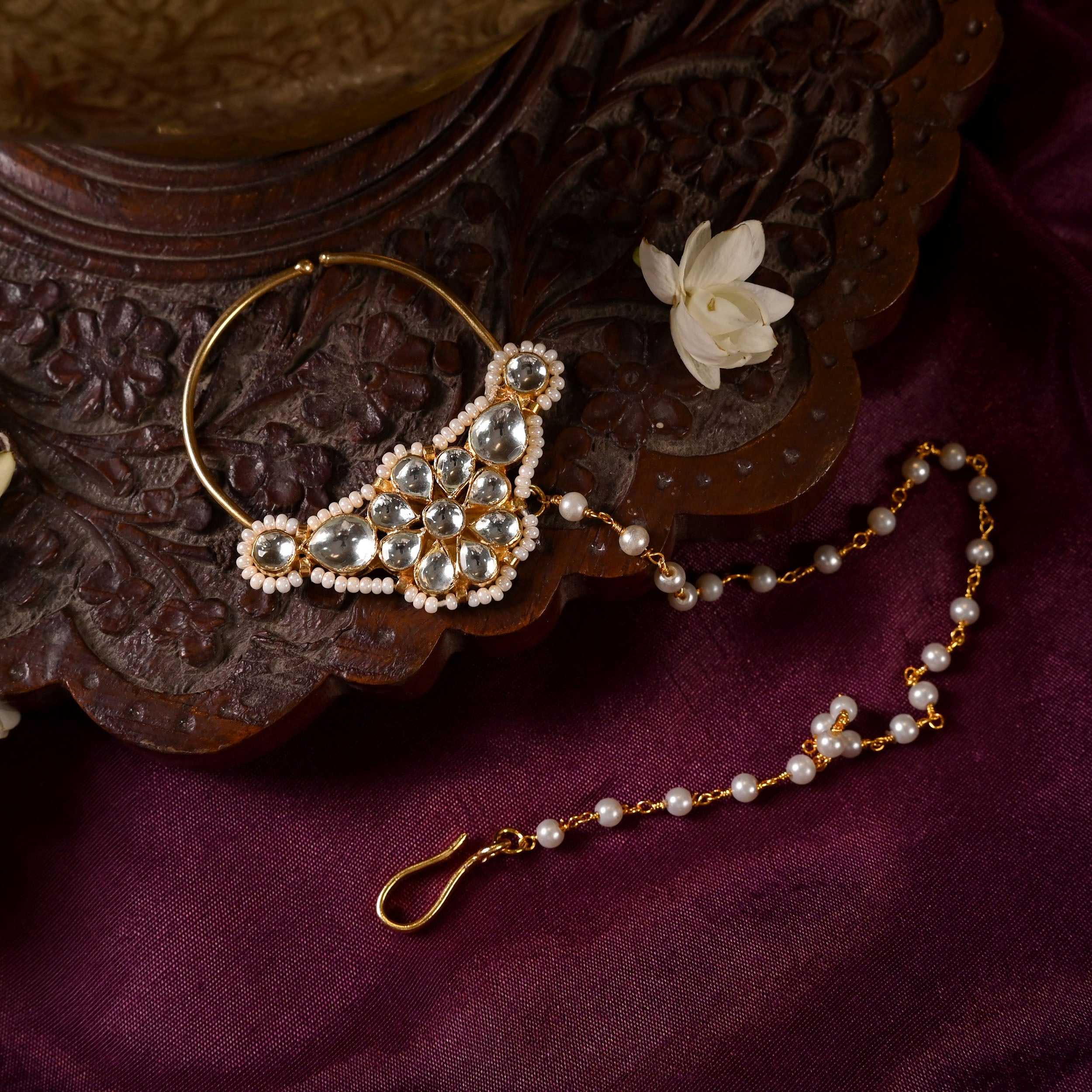 SJNR0005- White Colour Gold Plated Jadau Kundan Nose Ring