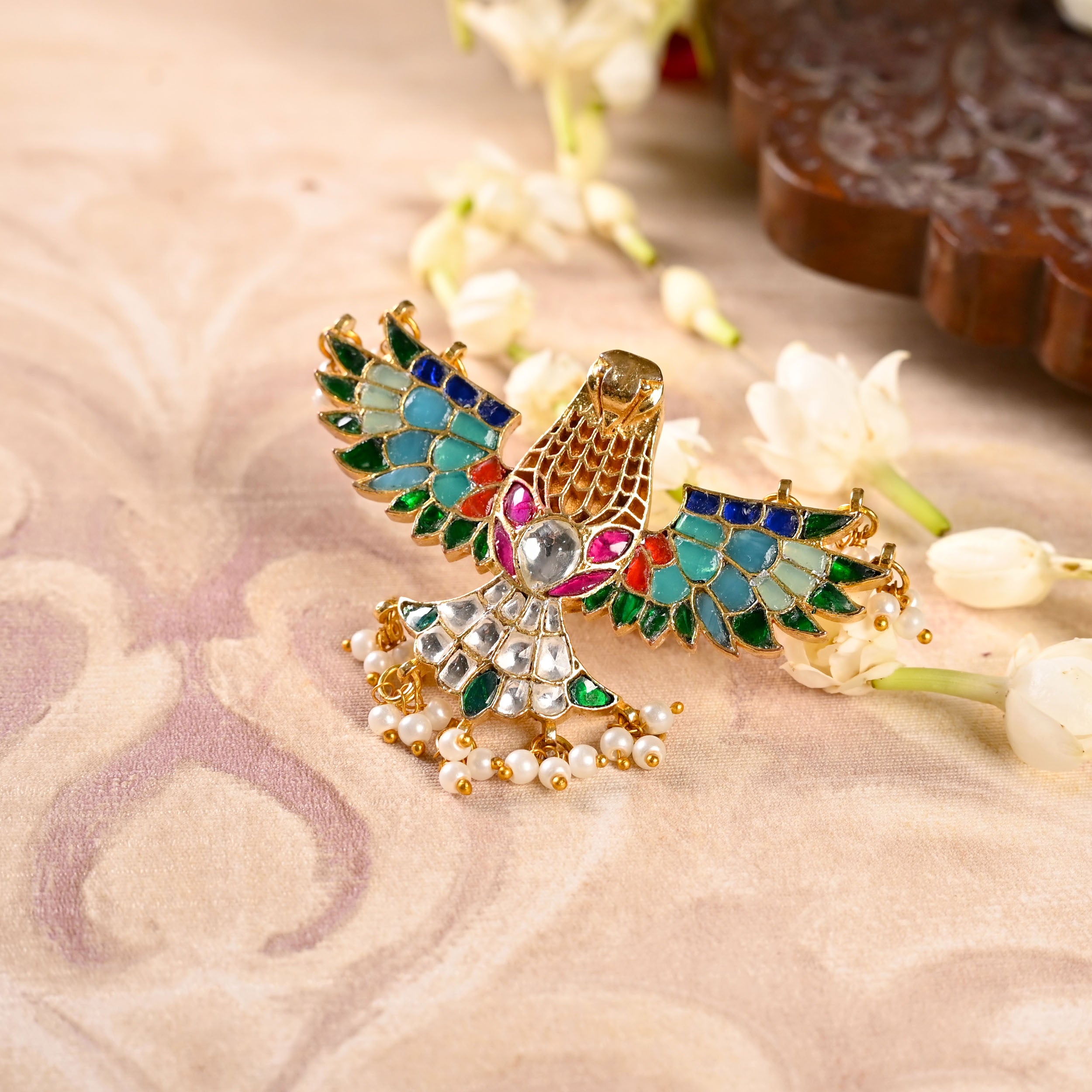 SJR0020- Multi Colour Eagle Motif Gold Plated Jadau Kundan Ring