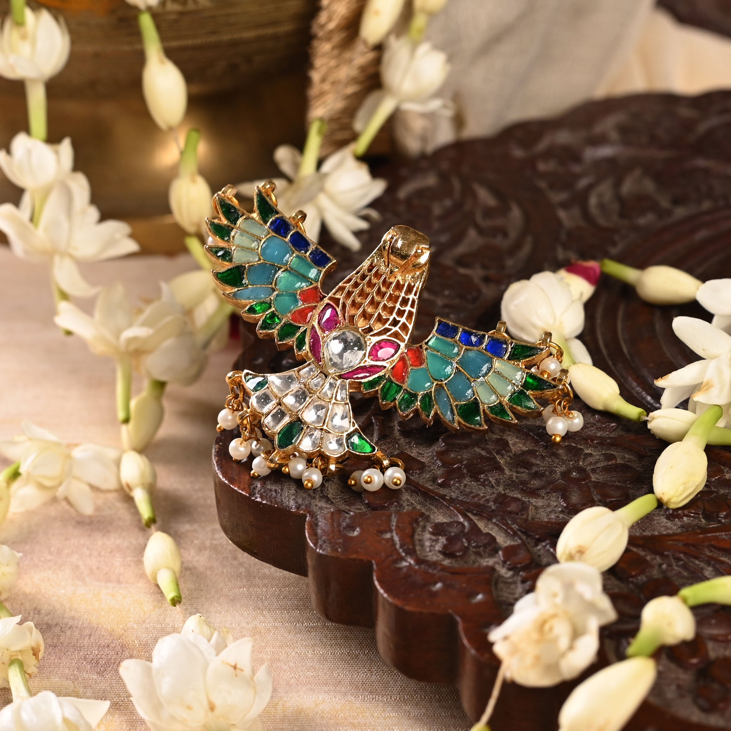 SJR0020- Multi Colour Eagle Motif Gold Plated Jadau Kundan Ring