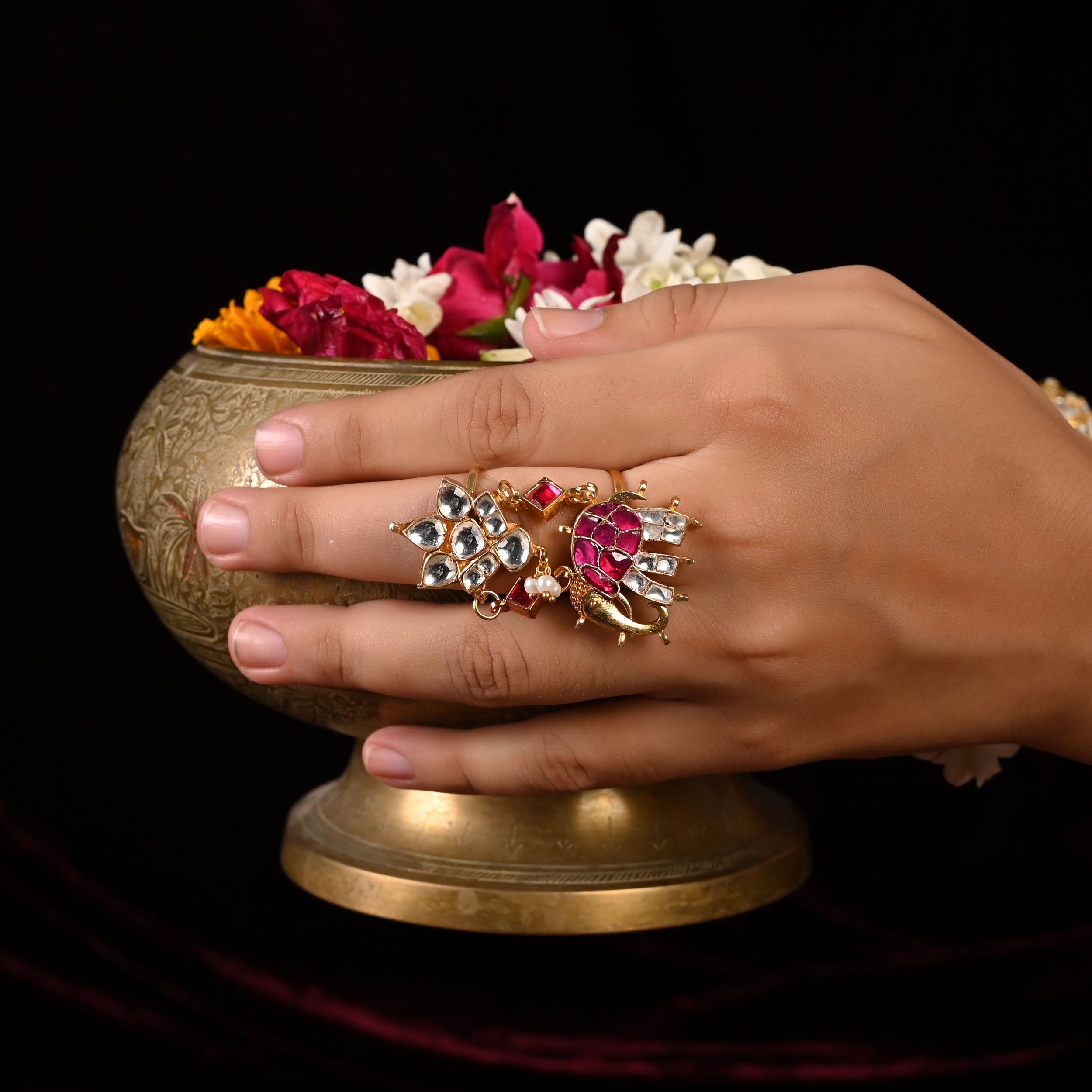 SJR0001- Multi Colour Gold Plated Jadau Kundan Ring