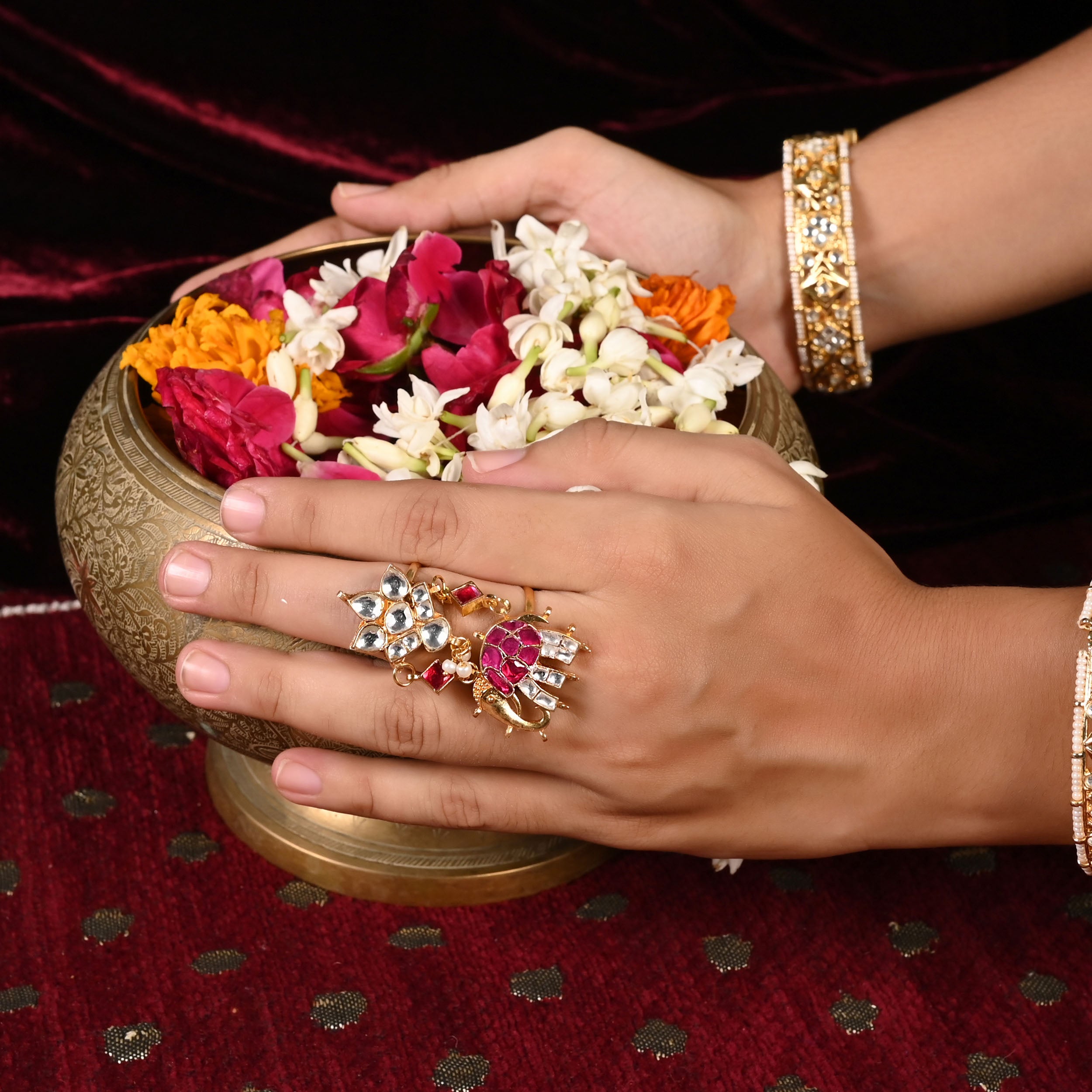SJR0001- Multi Colour Gold Plated Jadau Kundan Ring