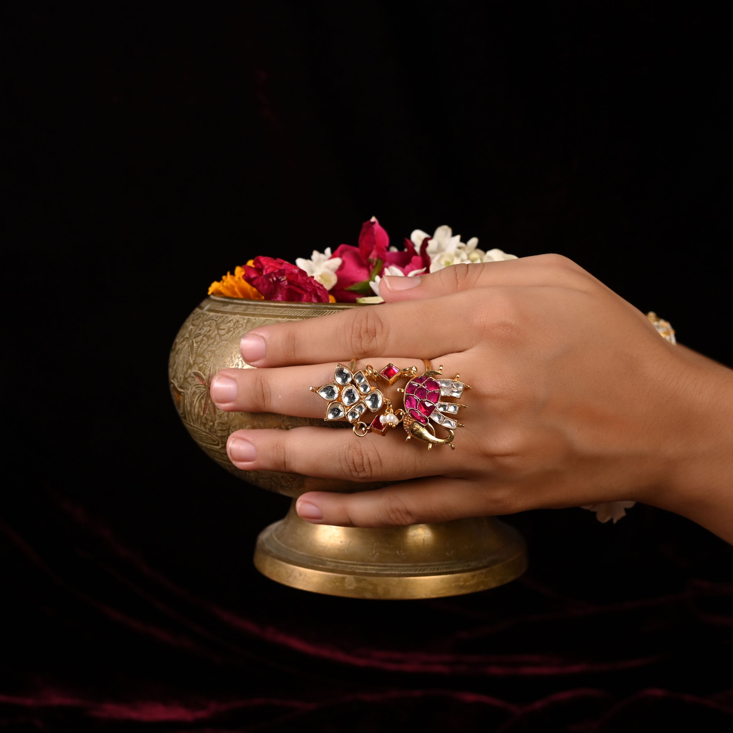 SJR0001- Multi Colour Gold Plated Jadau Kundan Ring