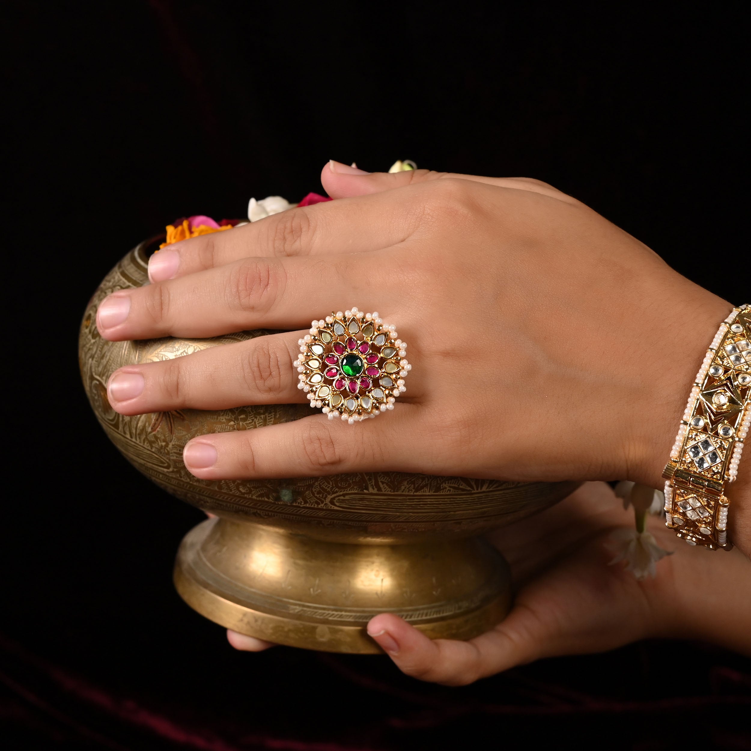 SJR0022- Multi Colour Gold Plated Jadau Kundan Ring