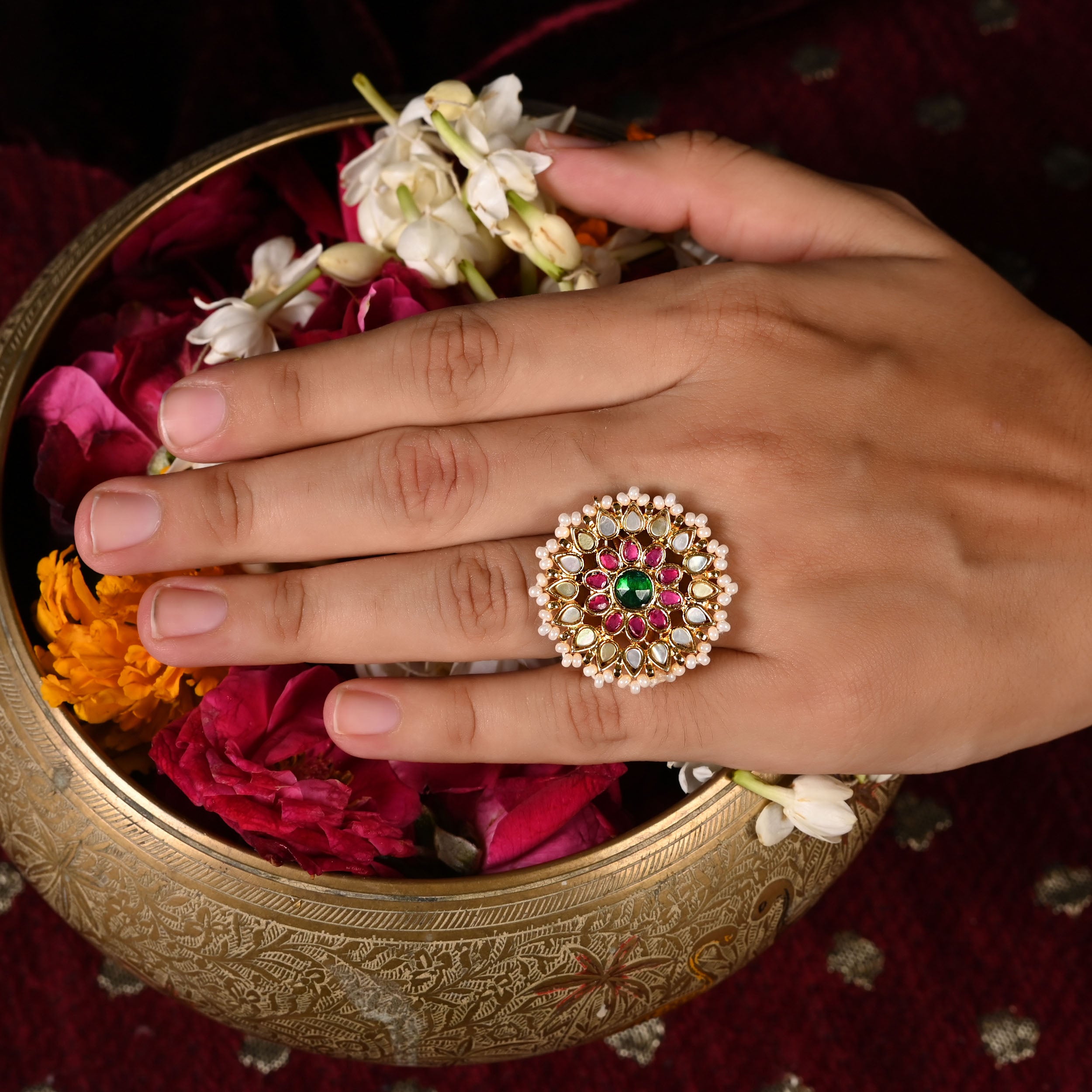 SJR0022- Multi Colour Gold Plated Jadau Kundan Ring