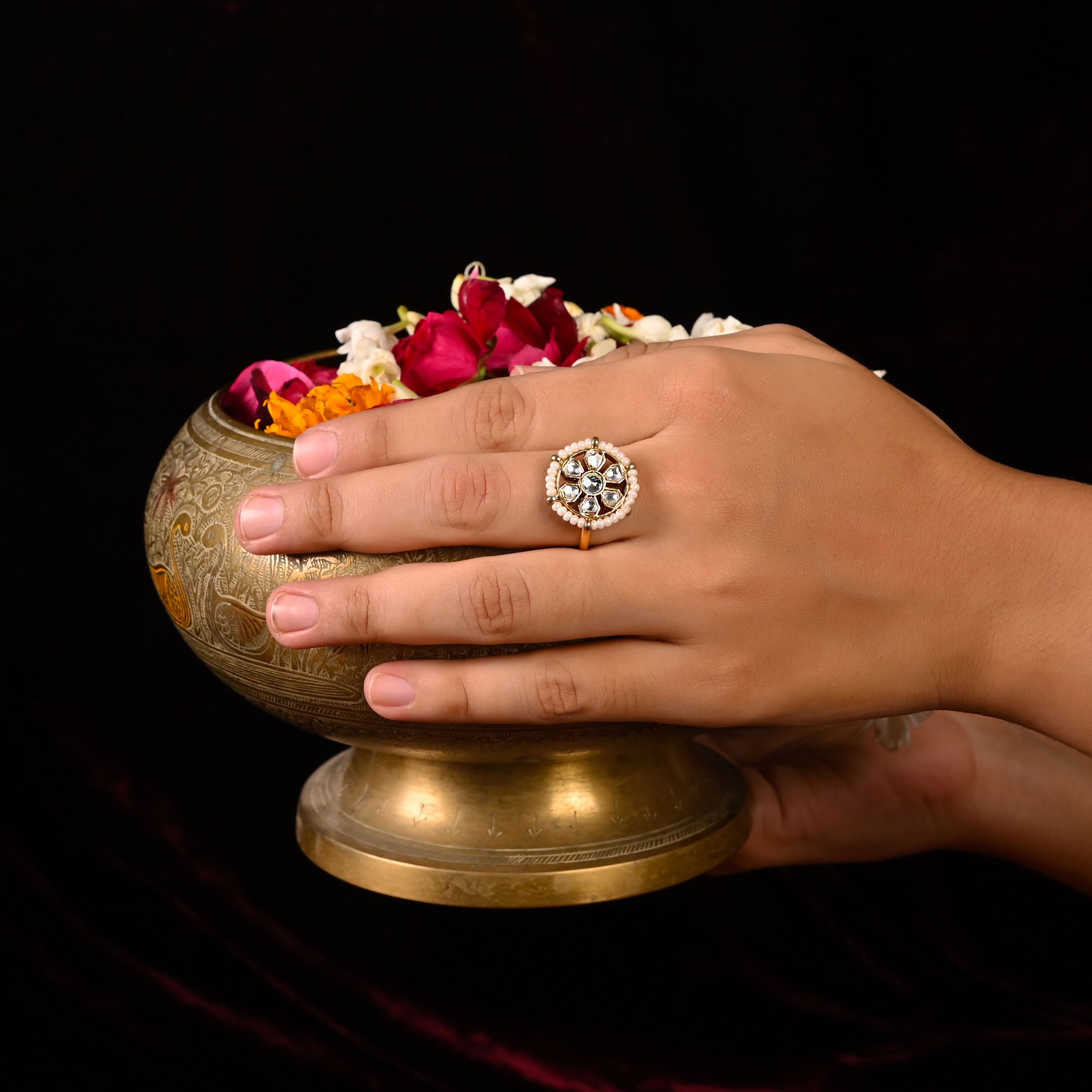 SJR0002- White Colour Gold Plated Jadau Kundan Ring