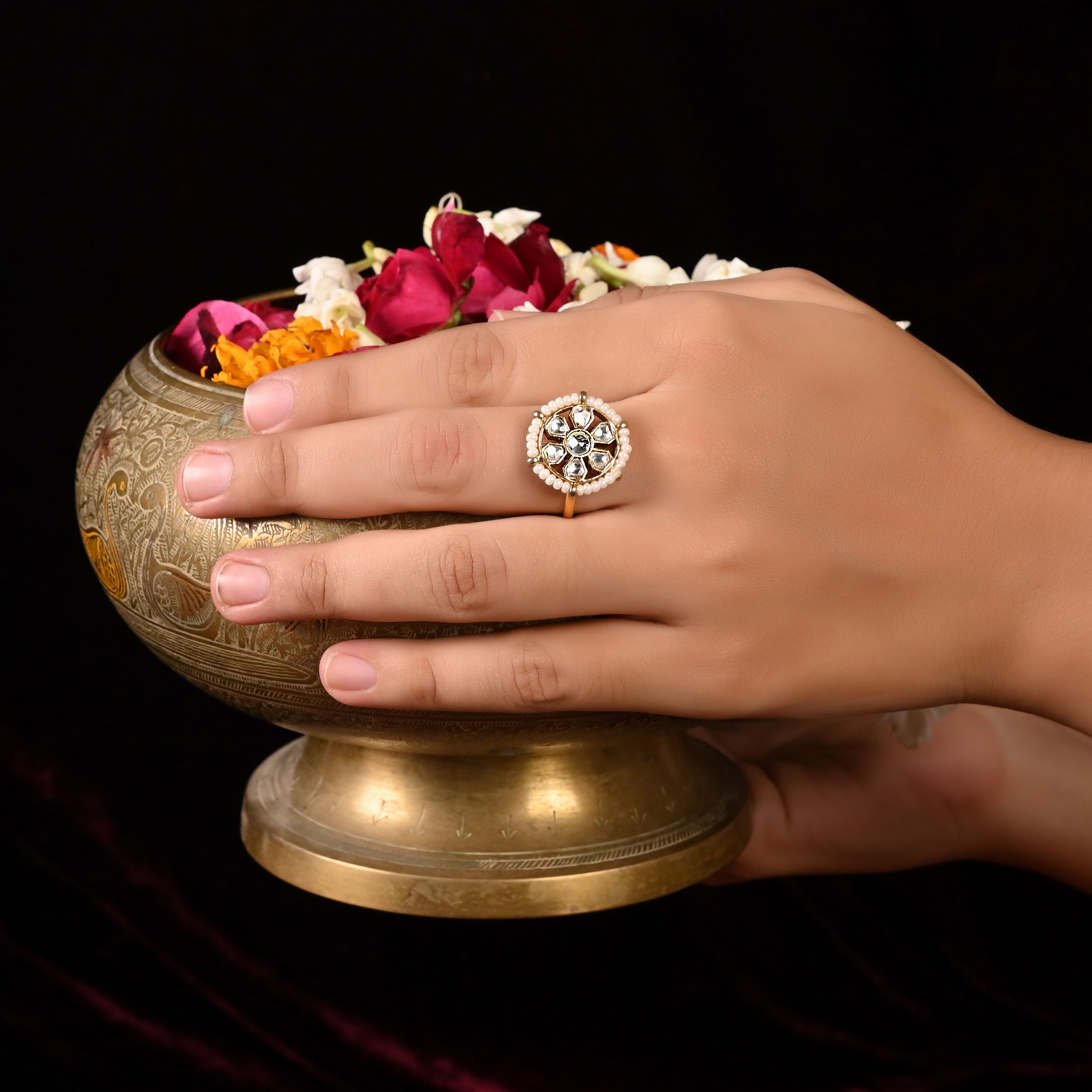 SJR0002- White Colour Gold Plated Jadau Kundan Ring