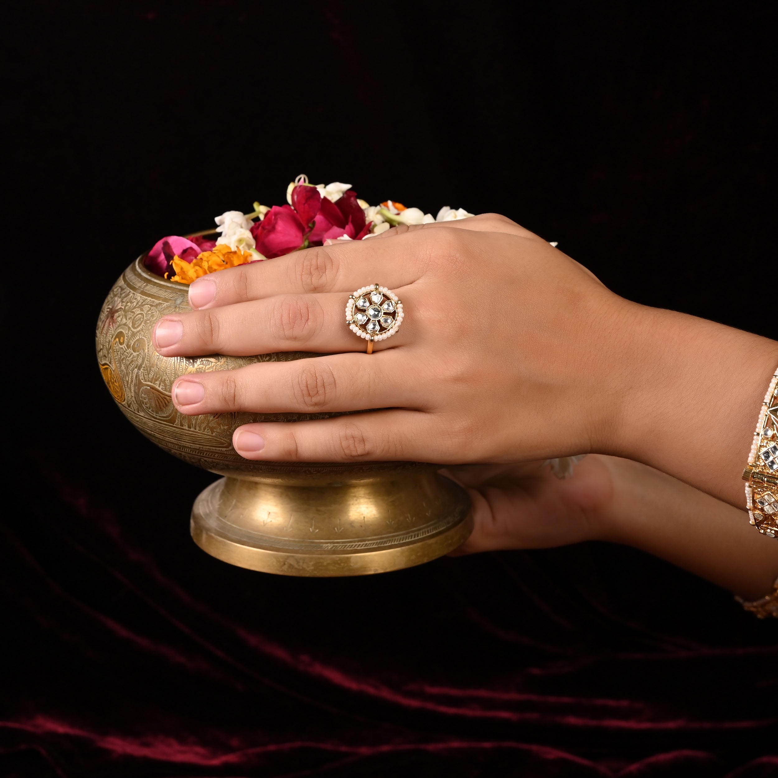 SJR0002- White Colour Gold Plated Jadau Kundan Ring