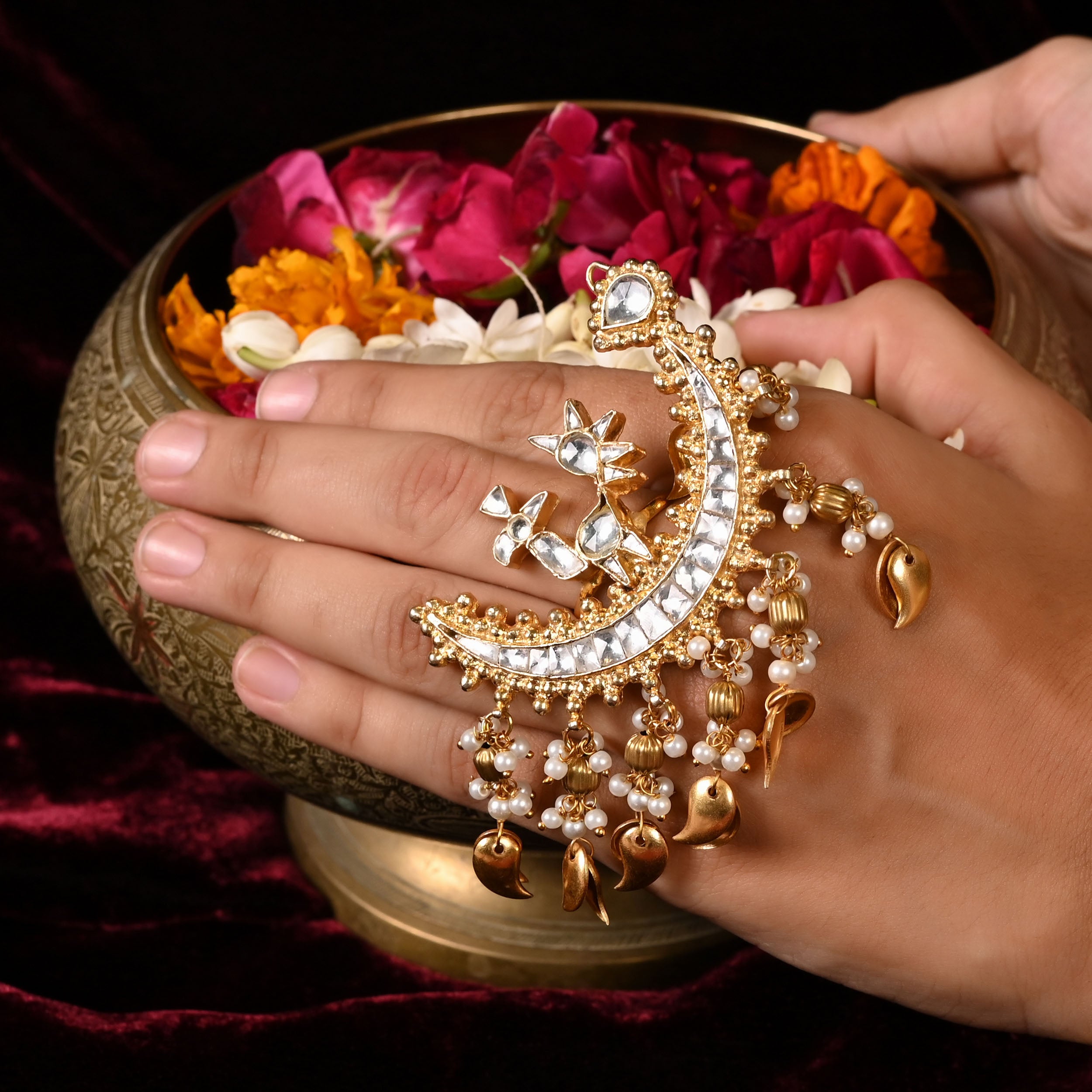 SJR0003- White Colour Gold Plated Jadau Kundan Ring