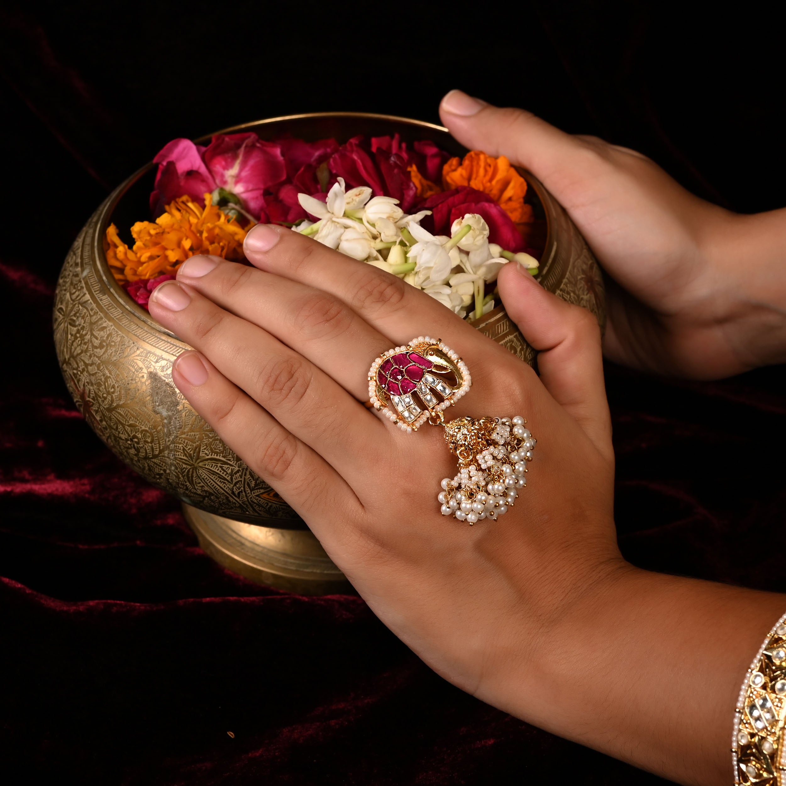 SJR0004- Pink Colour Elephant Motif Gold Plated Jadau Kundan Ring