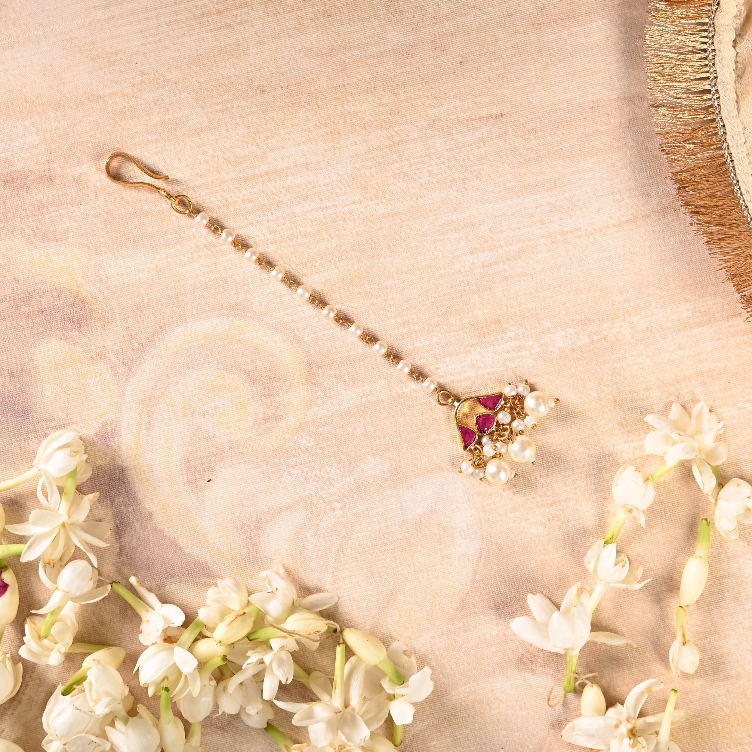 SJT1014- Pink Color Gold Plated Jadau Kundan Maang Tika