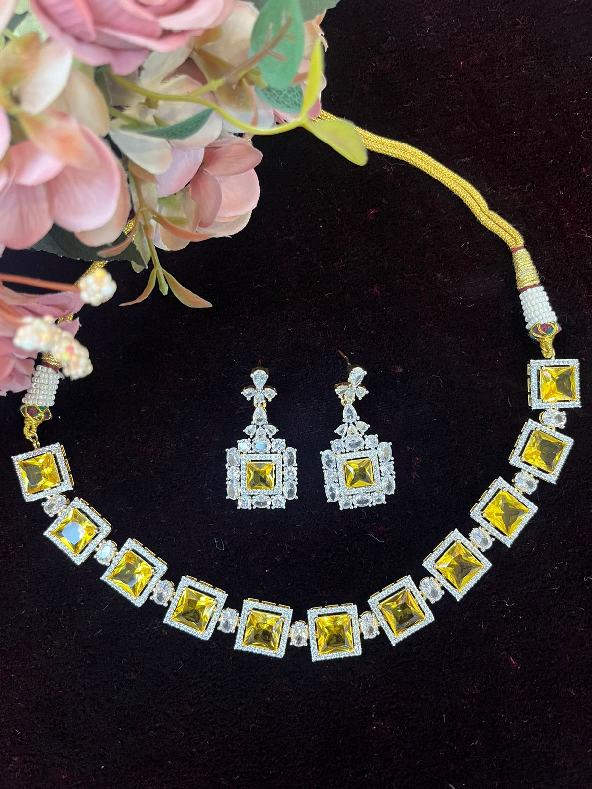 SJN1061- Yellow Colour Faux Diamond Choker with Earrings
