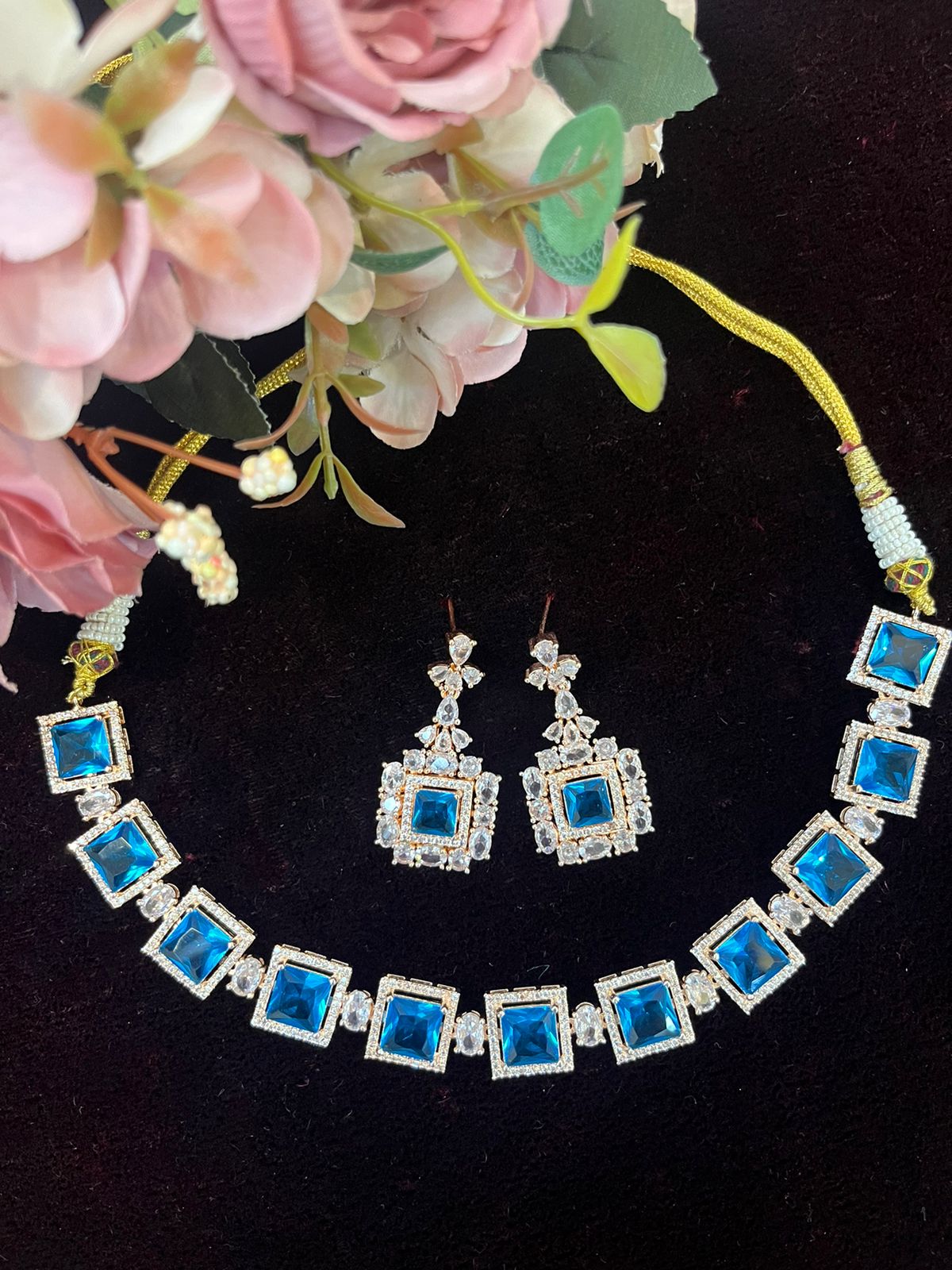 SJN1061- Light Blue Colour Faux Polki Choker with Earrings