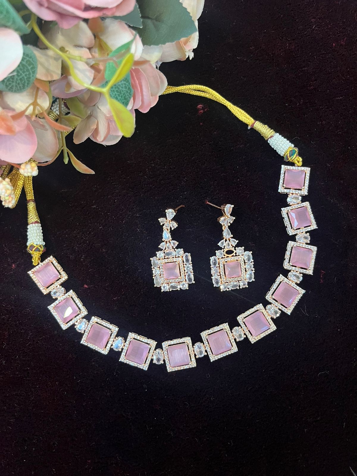 SJN1061- Pink Colour Faux Diamond Choker with Earrings