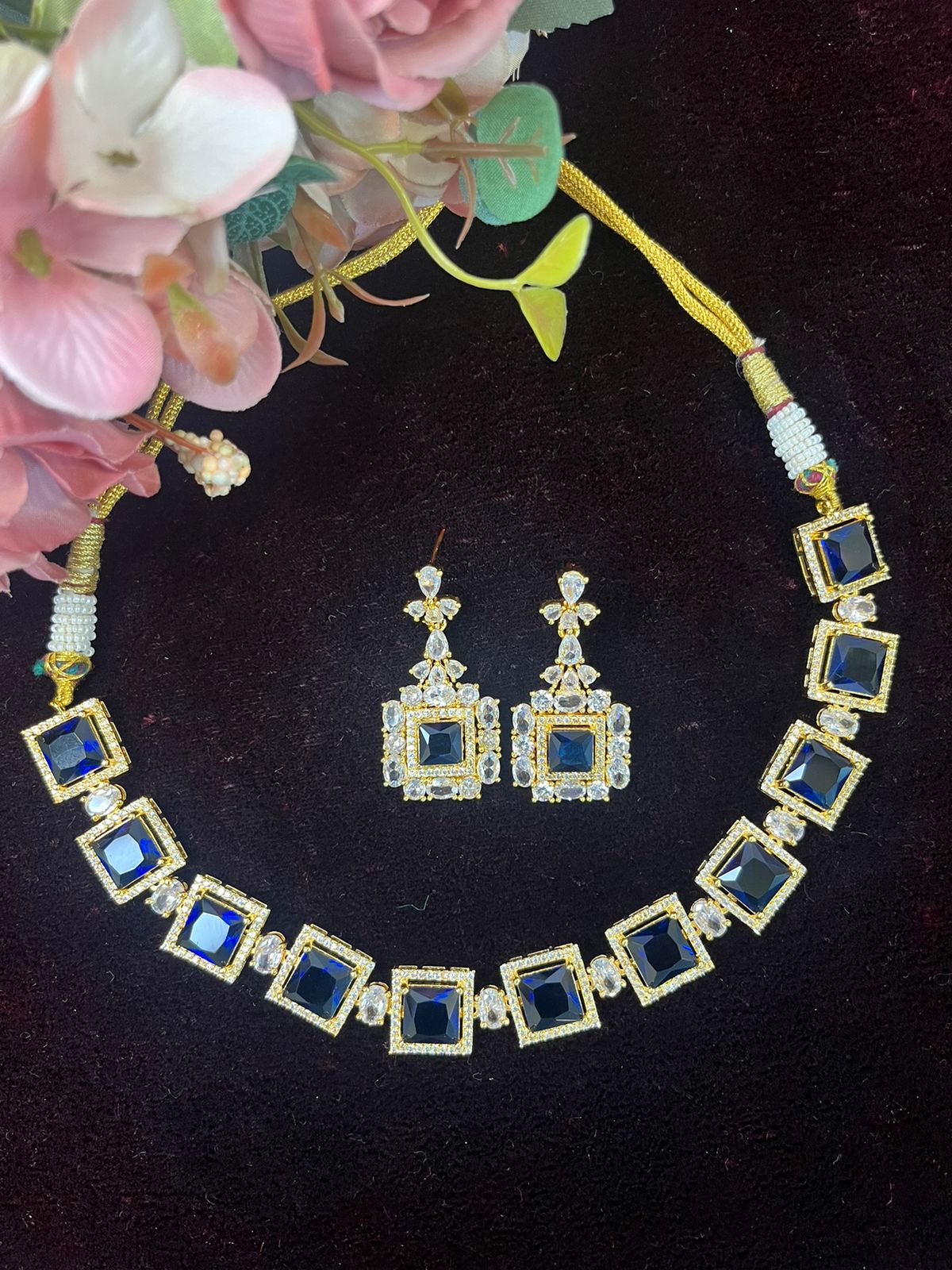 SJN1061- Blue Colour Faux Diamond Choker with Earrings