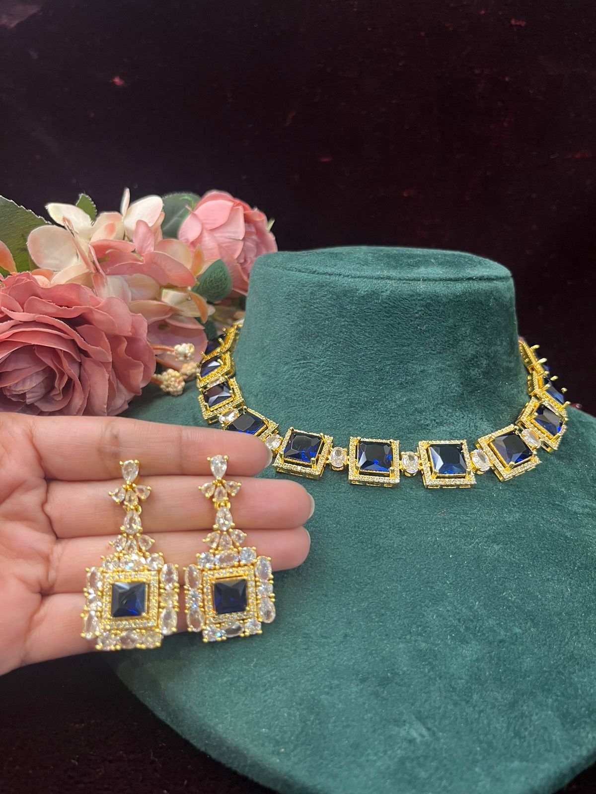 SJN1061- Blue Colour Faux Diamond Choker with Earrings