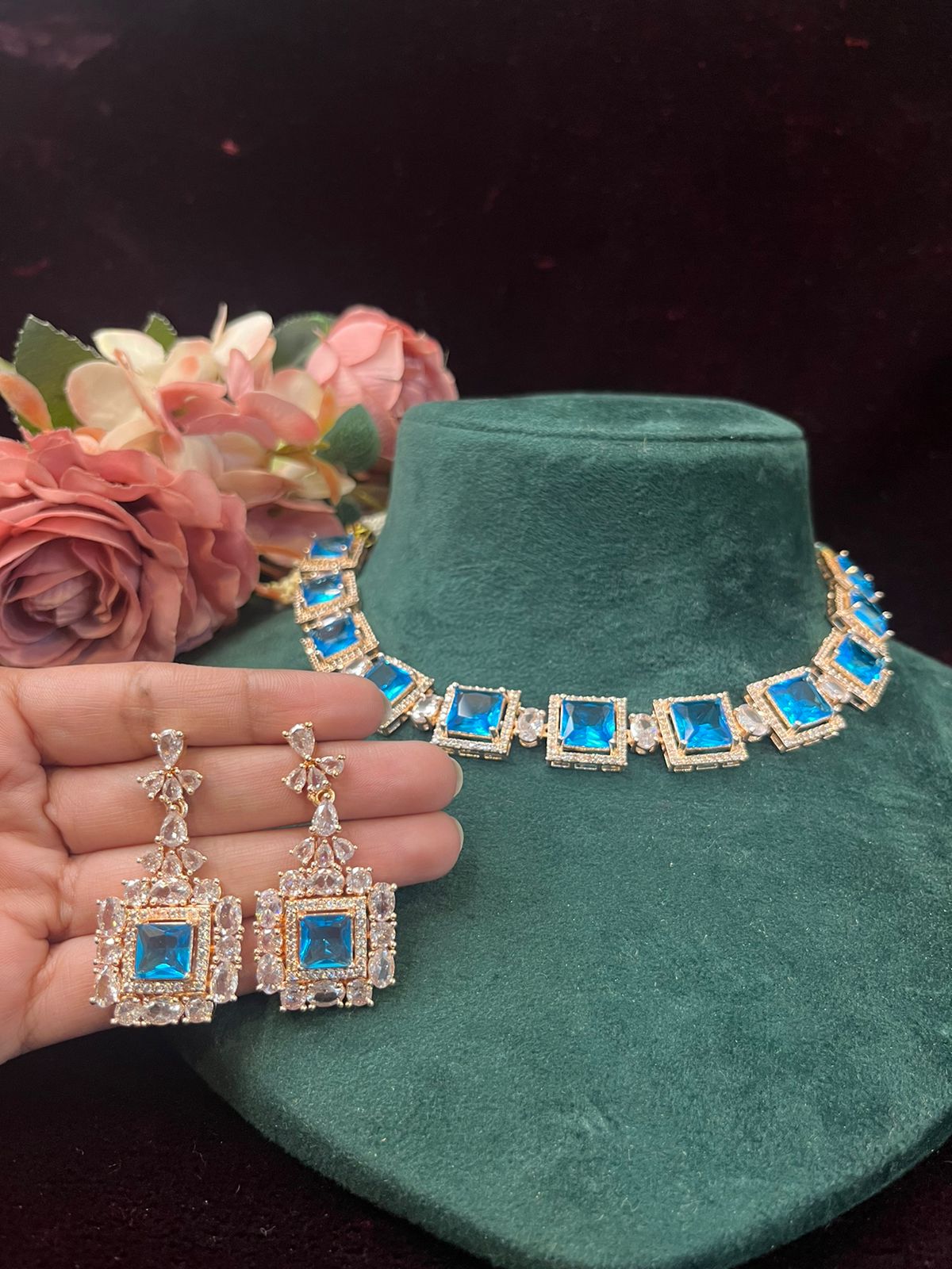 SJN1061- Light Blue Colour Faux Polki Choker with Earrings