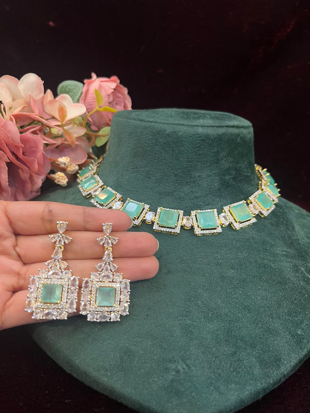 SJN1061- Mint Blue Colour Faux Diamond Choker with Earrings