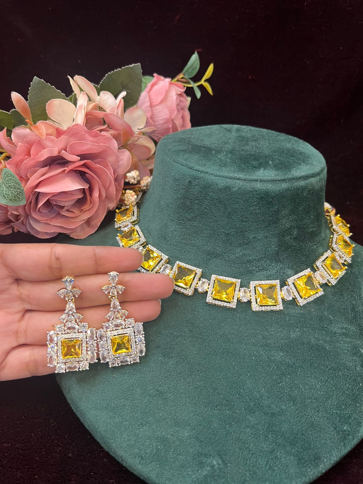 SJN1061- Yellow Colour Faux Diamond Choker with Earrings