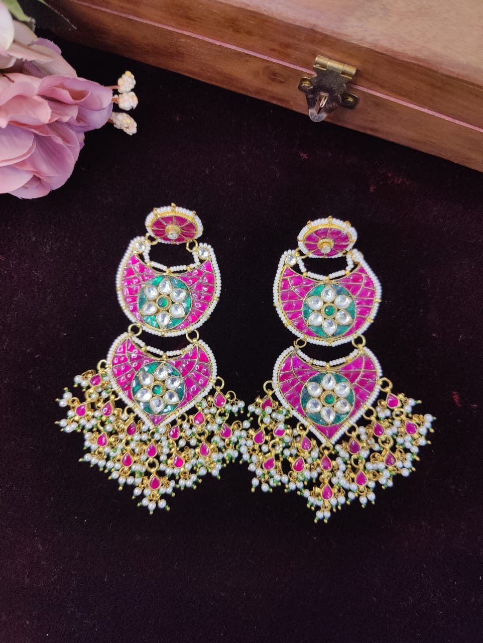 SJE1091- Pink Colour Gold Plated Jadau Kundan Dangler Earrings