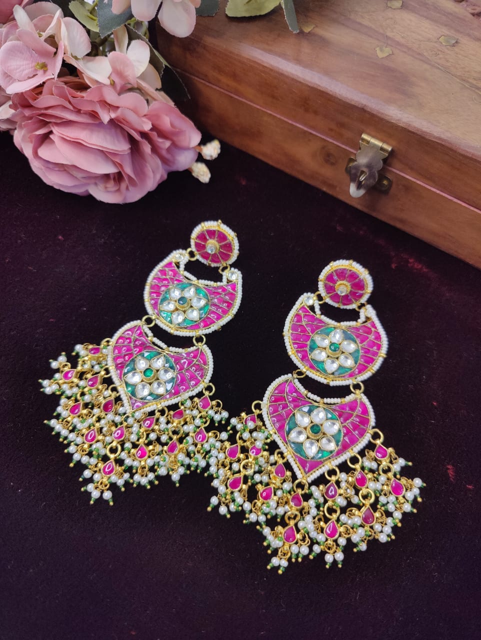 SJE1091- Pink Colour Gold Plated Jadau Kundan Dangler Earrings