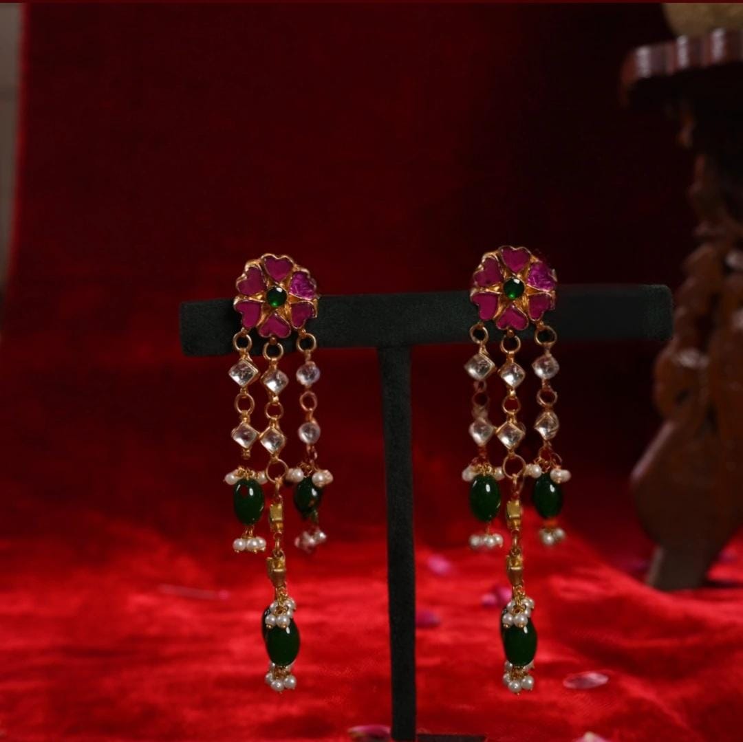 SJN0010- Multi Colour Gold Plated Jadau Kundan Long Necklace with Earrings