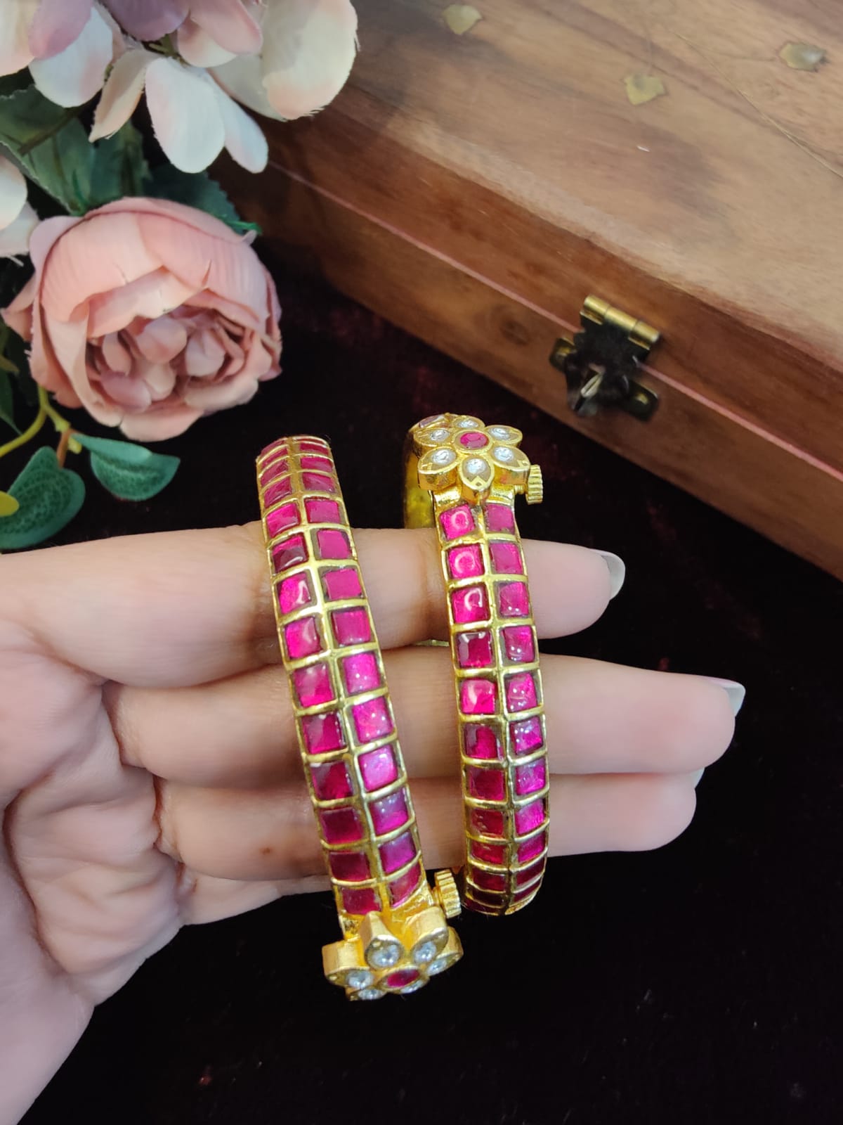 SJB1025- Pink Colour Gold Plated Jadau Kundan Temple Bangle