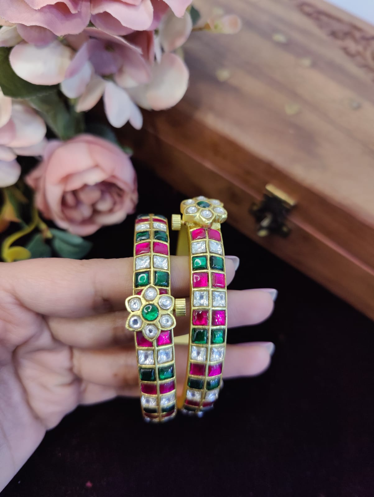 SJB1025- Pink Colour Gold Plated Jadau Kundan Temple Bangle