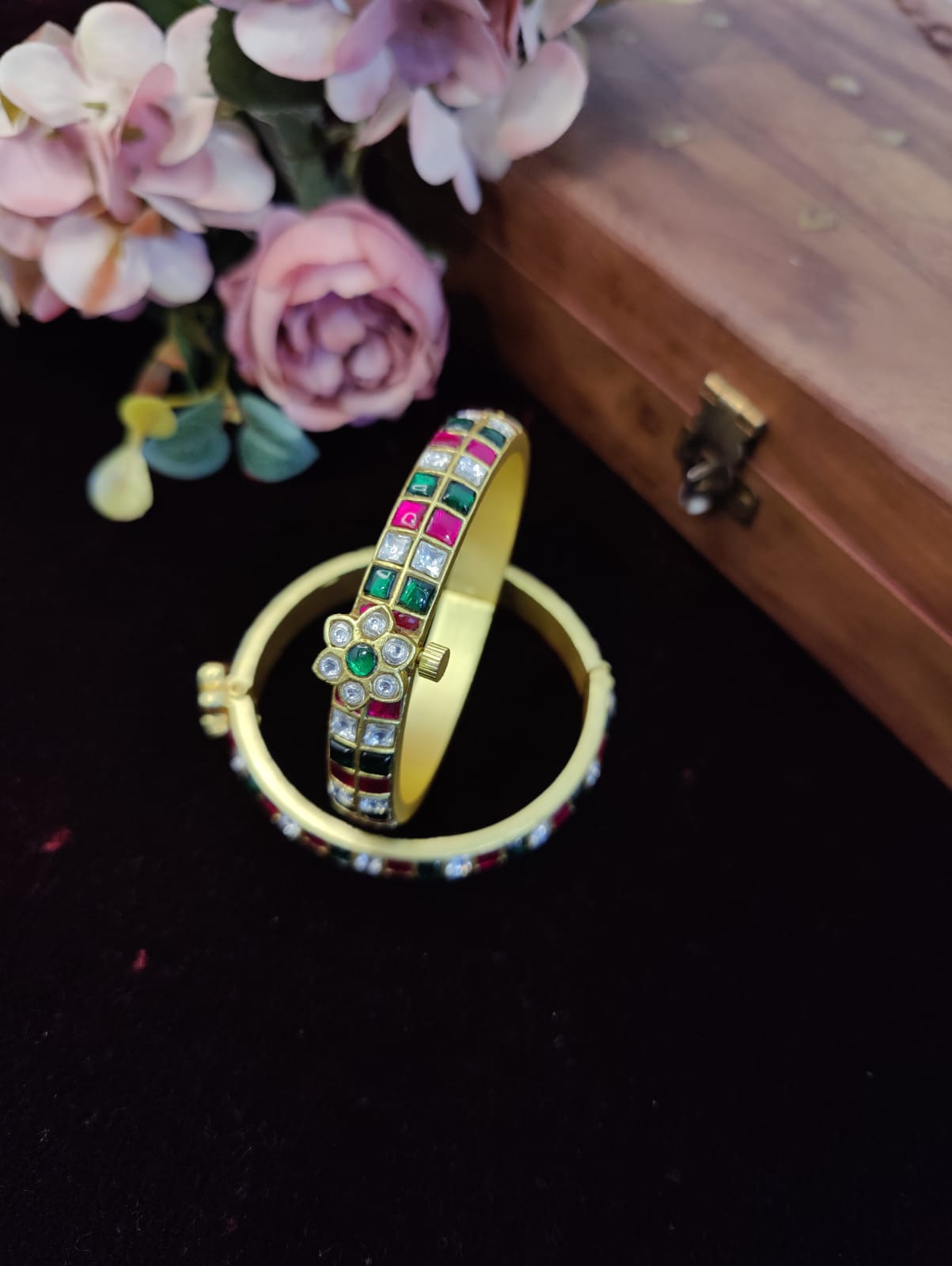 SJB1025- Pink Colour Gold Plated Jadau Kundan Temple Bangle