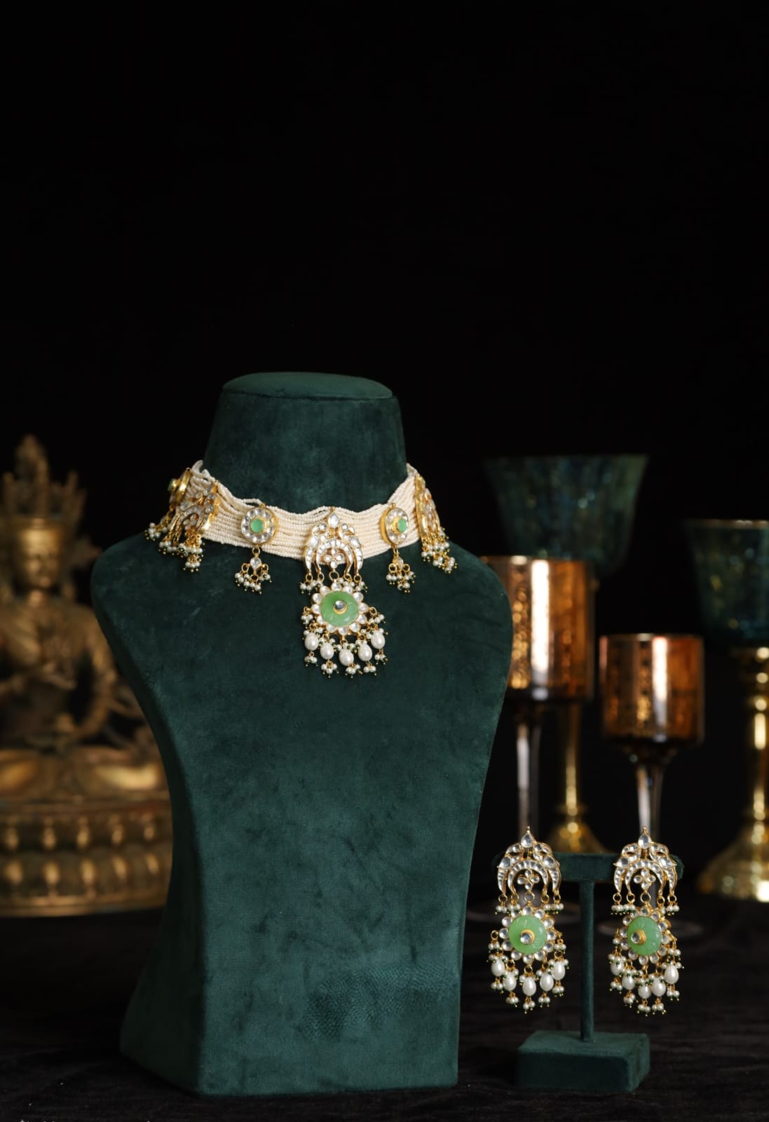 SJN1031- White and Green Colour Gold Plated Jadau Kundan Necklace with Earrings