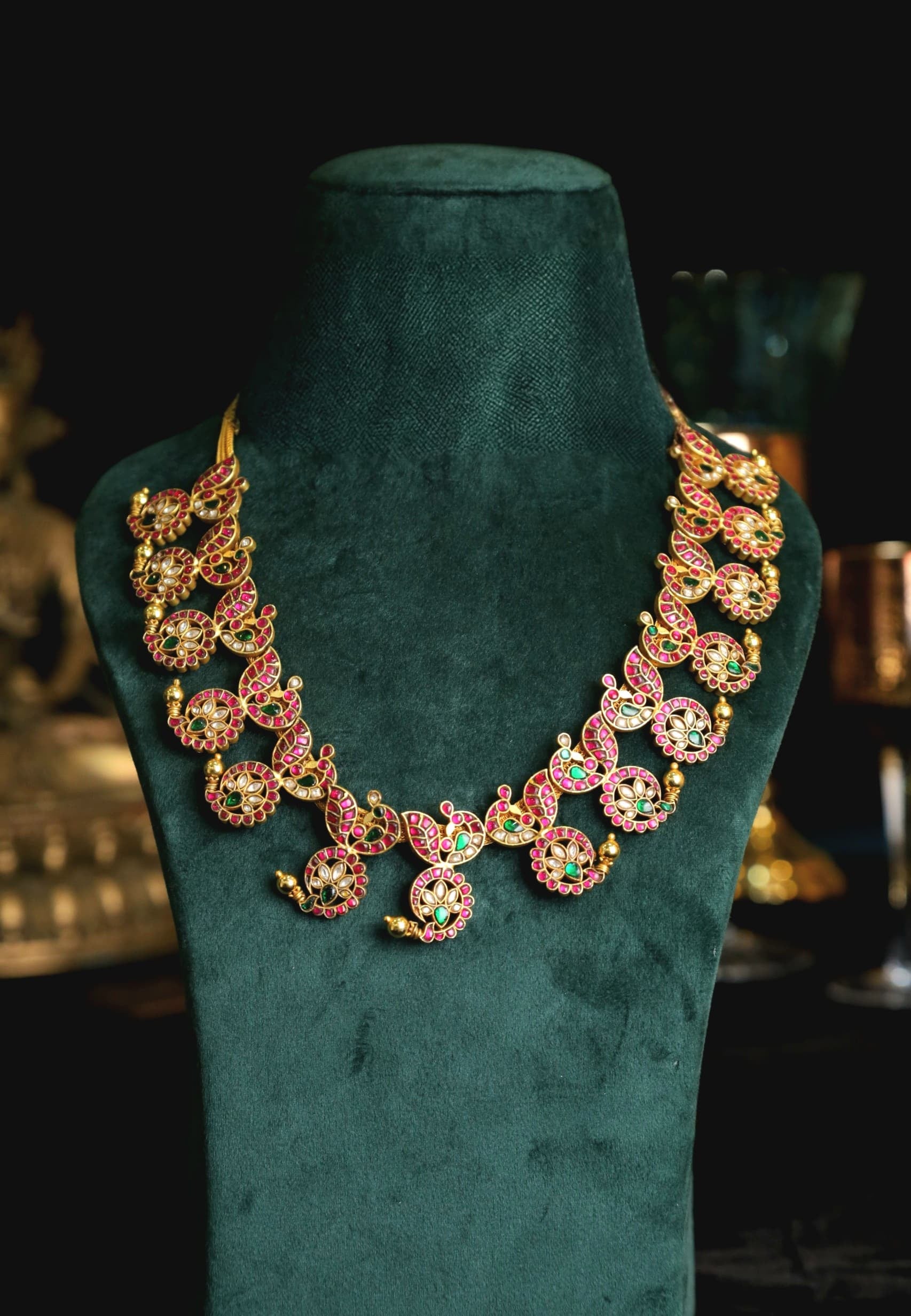SJN1227- Multi Colour Gold Plated Jadau Kundan Temple Long Necklace