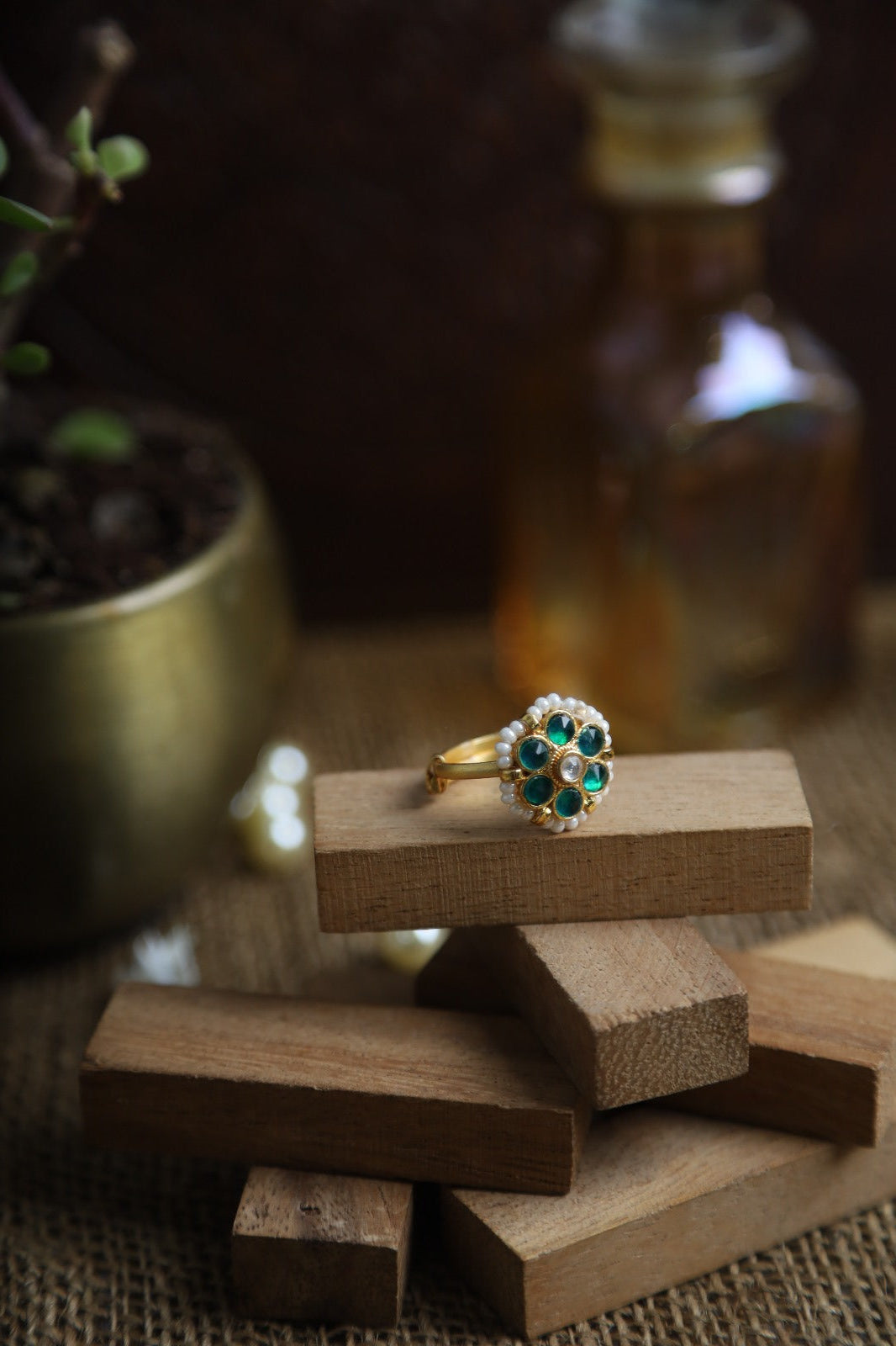 SJR0027- Green Colour Gold Plated Jadau Kundan Flower Motif Ring