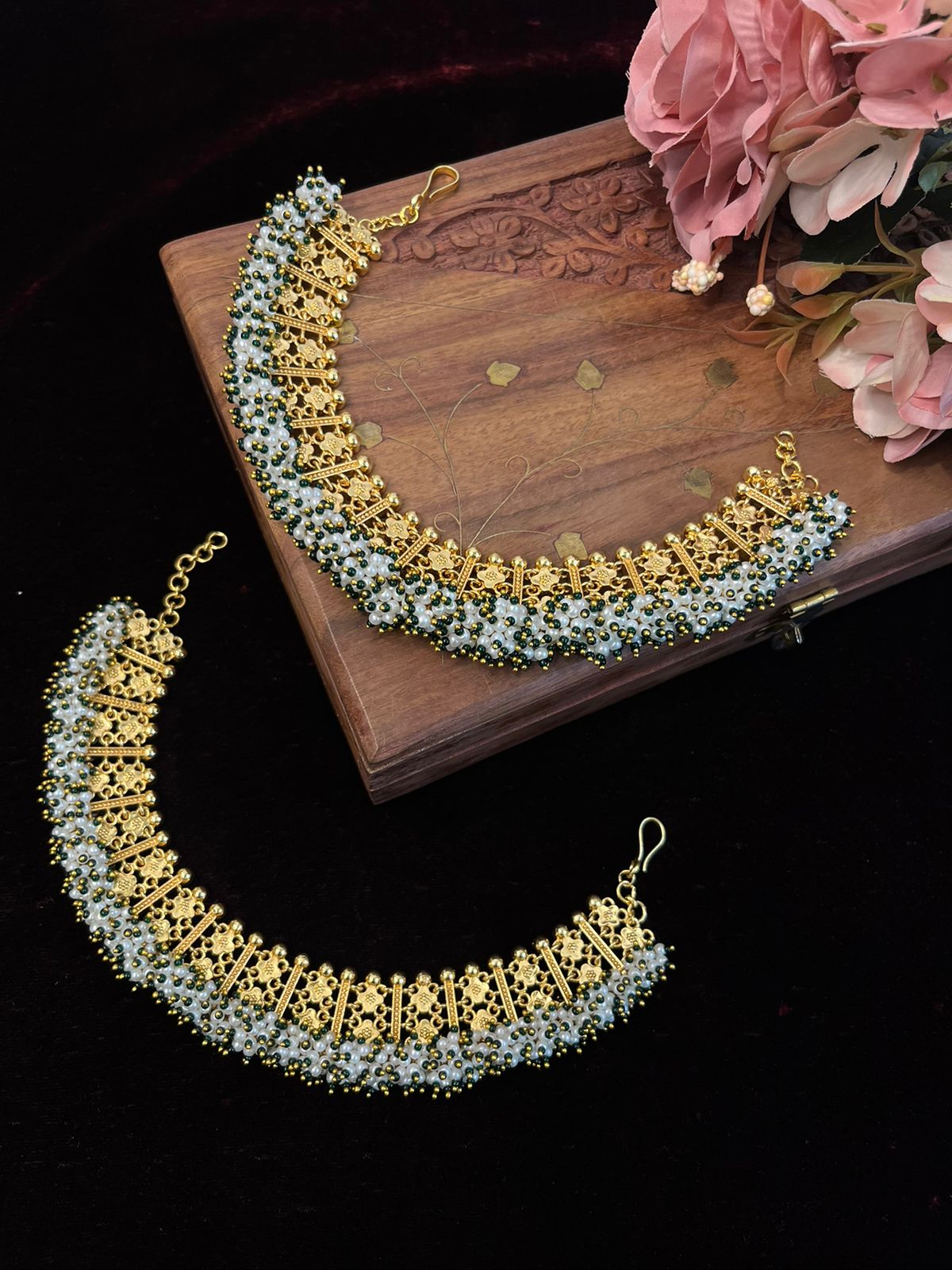 SJA0004- Green Colour Gold Plated Jadau Kundan Anklet