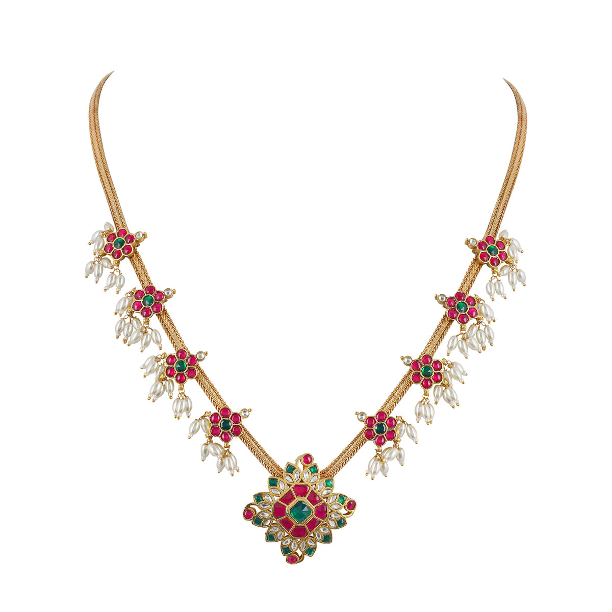 SJN175- Multi Colour Gold Plated Jadau Kundan Necklace with Lotus Earrings