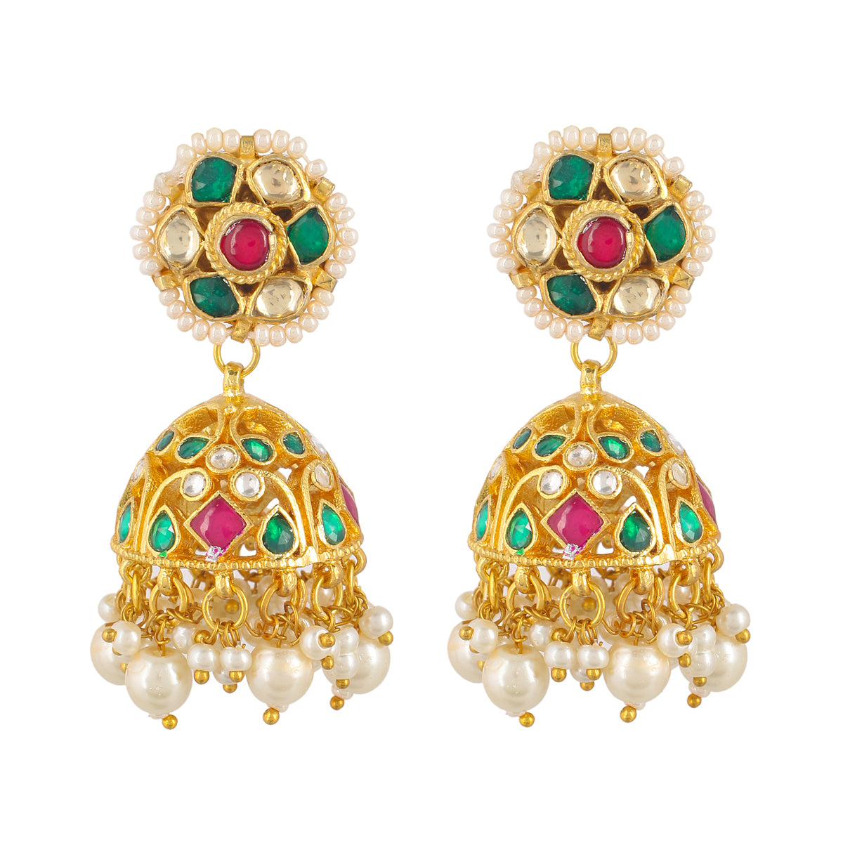 SJE029- Multi Colour Gold Plated Jadau Kundan Jhumki Earrings