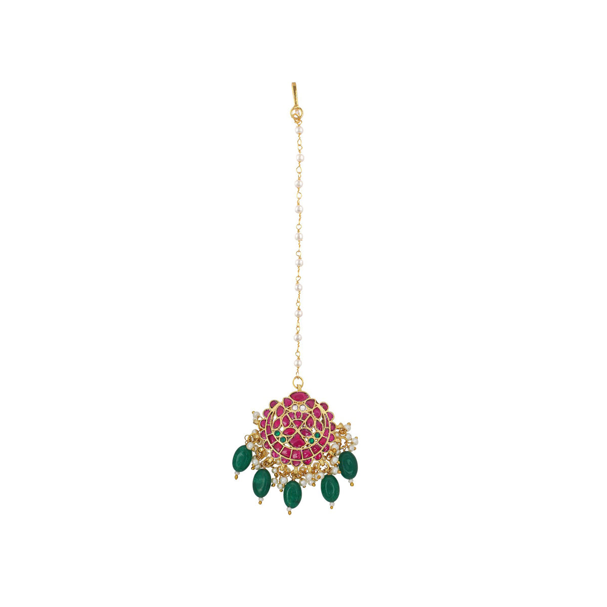 SJT006- Pink & Green Colour Gold Plated Jadau Kundan Traditional Maang Tikka