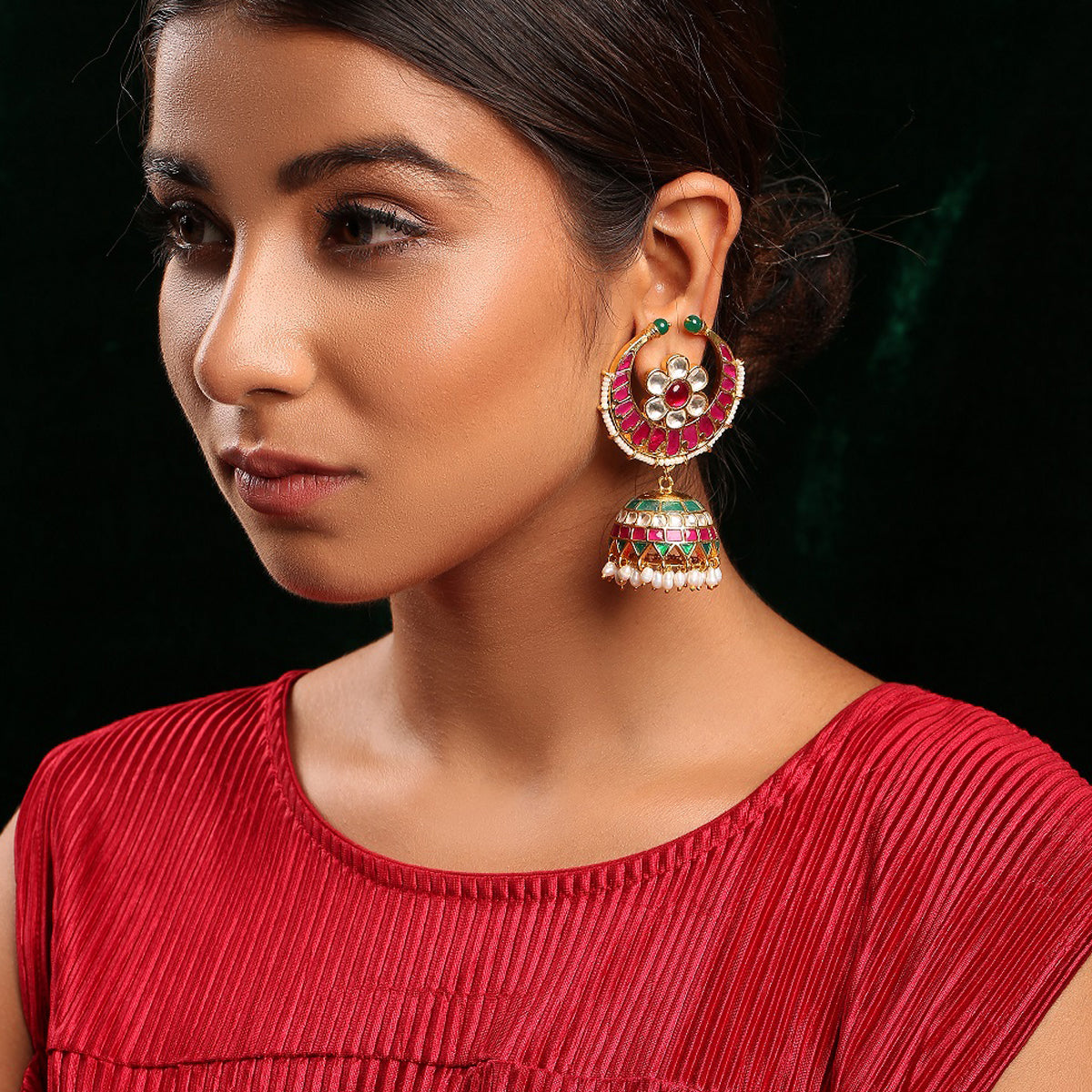 SJE042- Multi Colour Gold Plated Jadau Kundan Jhumki Earrings